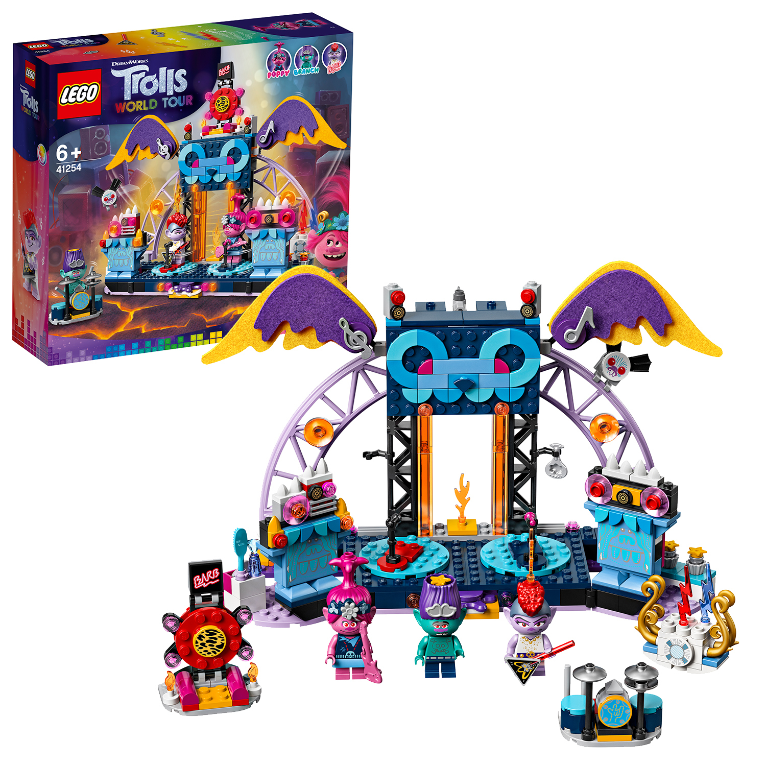 LEGO Trolls World Tour Set mit Bühne, Figuren und Box auf weißem Hintergrund.