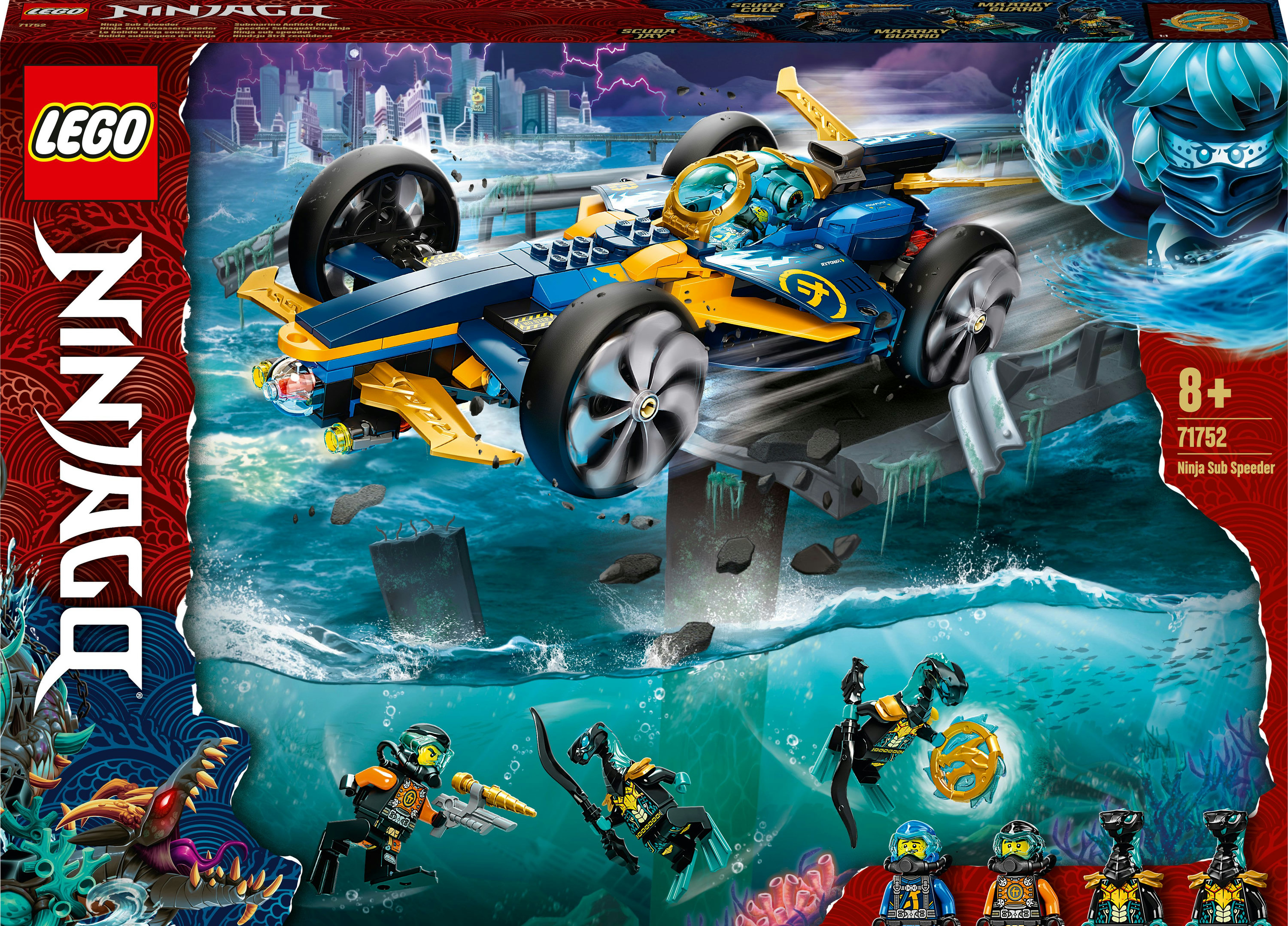 Set Lego Ninjago : voiture de course bleue et jaune, figurines Ninjago et scène sous-marine.