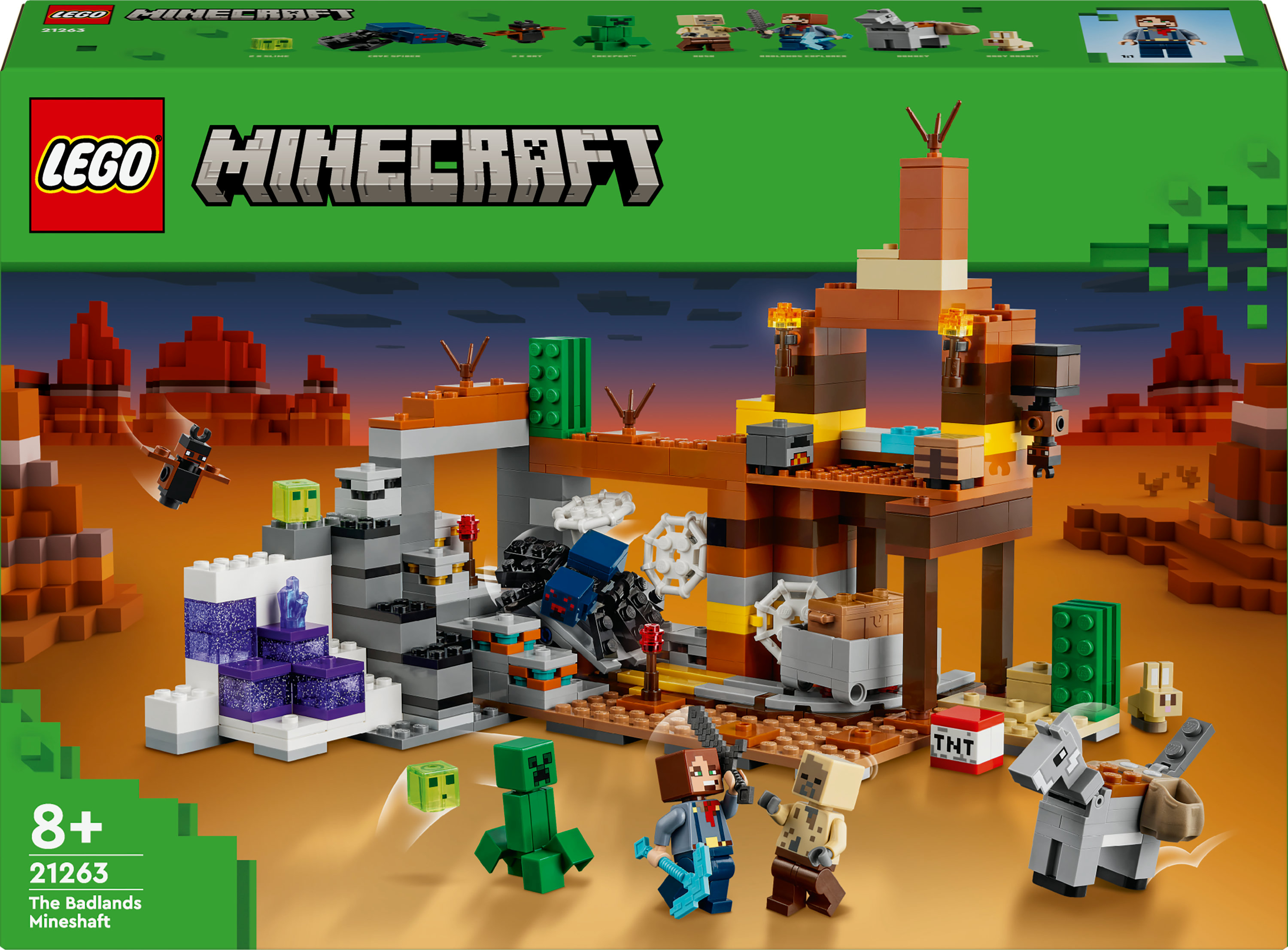Een Lego Minecraft set doos, met een Minecraft scène met figuren en een Creeper.