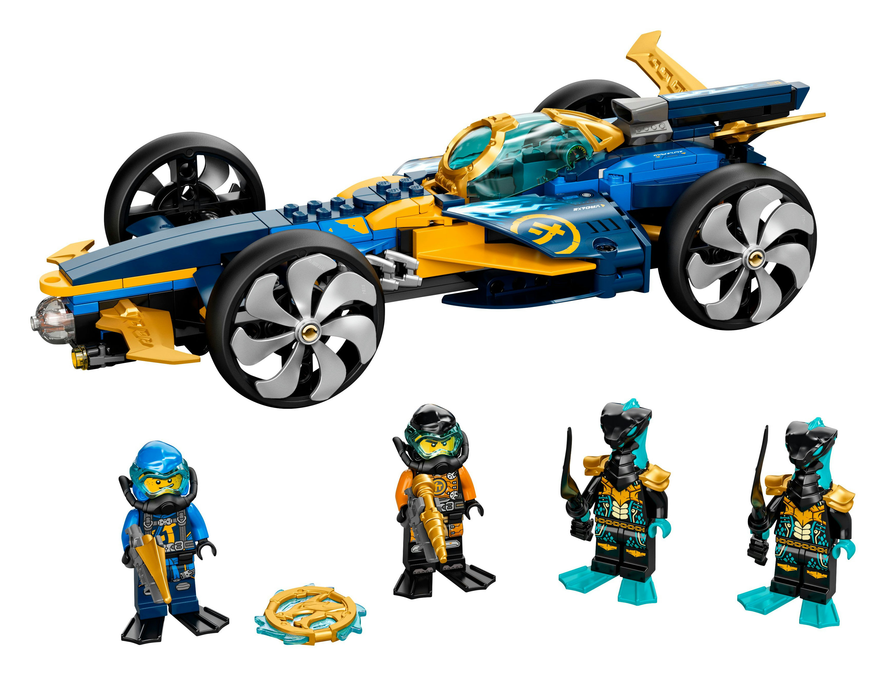 Ensemble LEGO avec une voiture de course bleue et jaune, et quatre figurines portant un équipement de plongée.