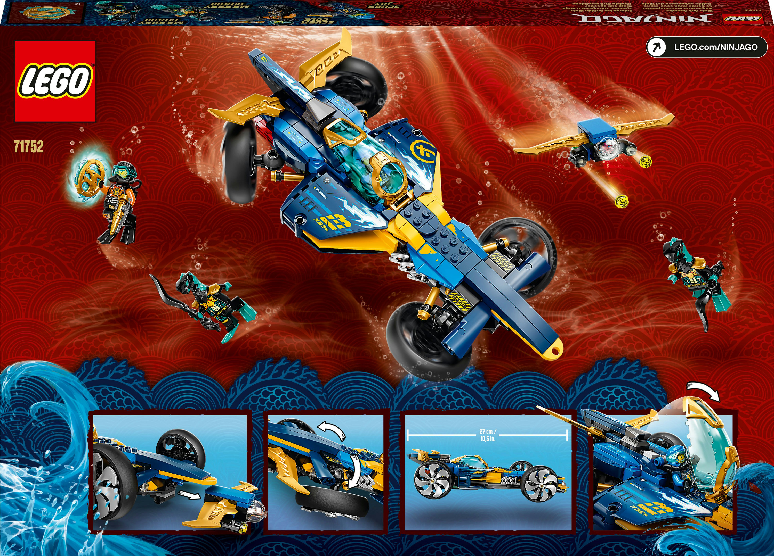 Boîte de l'ensemble Lego Ninjago. L'image montre un véhicule Lego et des figurines Ninjago dans une scène aquatique avec du texte.