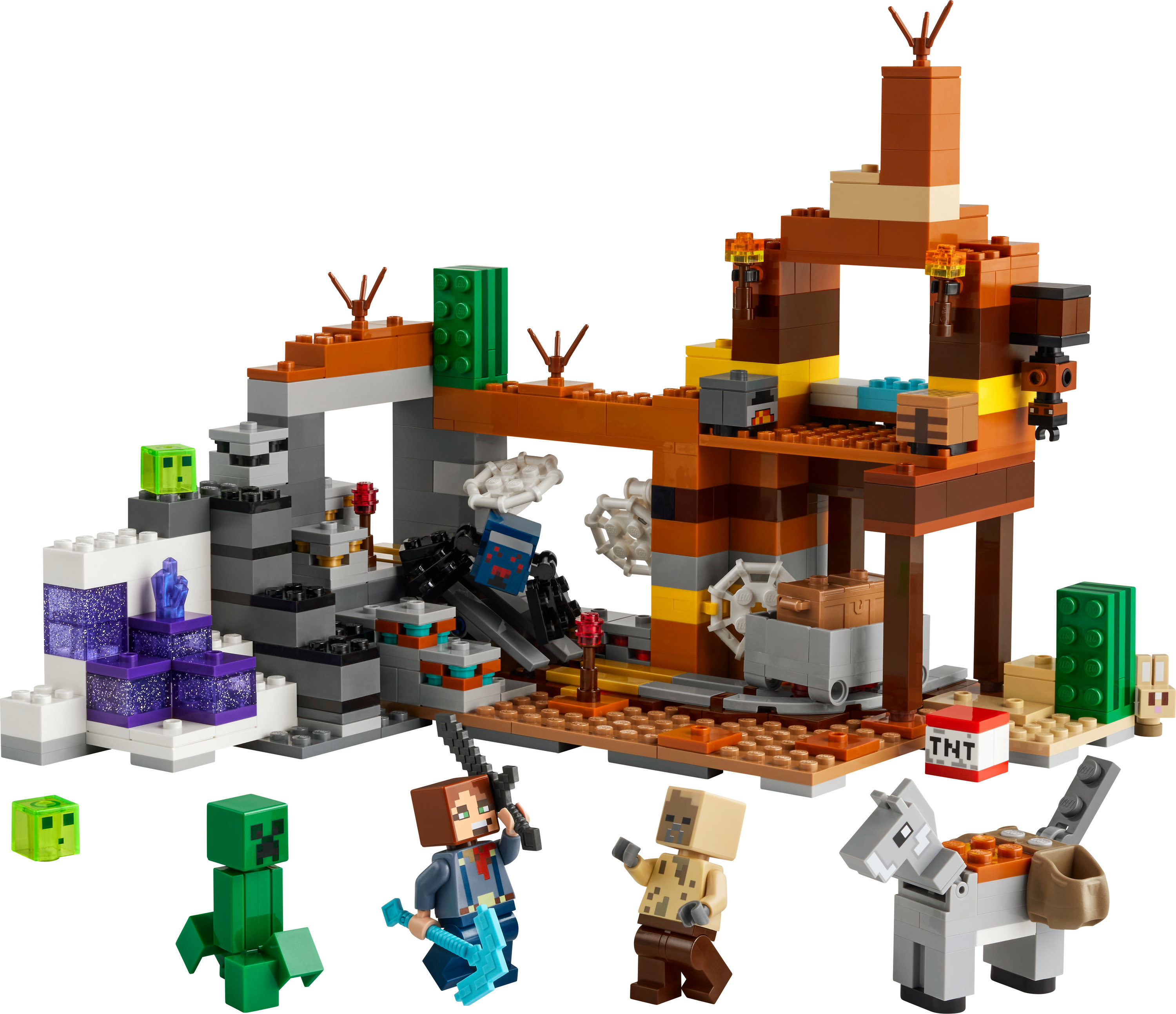 Een Lego Minecraft set met een grot met personages en monsters. De scène heeft een bruin en grijs kleurenschema.