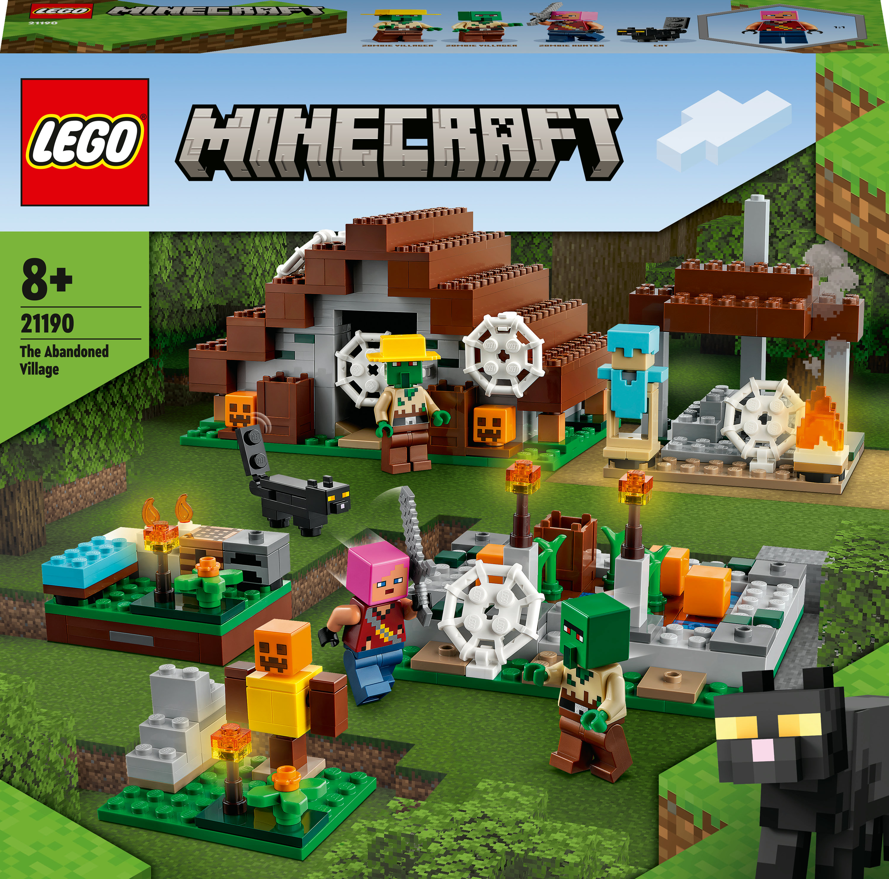 Ein Lego Minecraft-Set mit einer Dorfansicht, Minifiguren und verschiedenen Bausteinen.