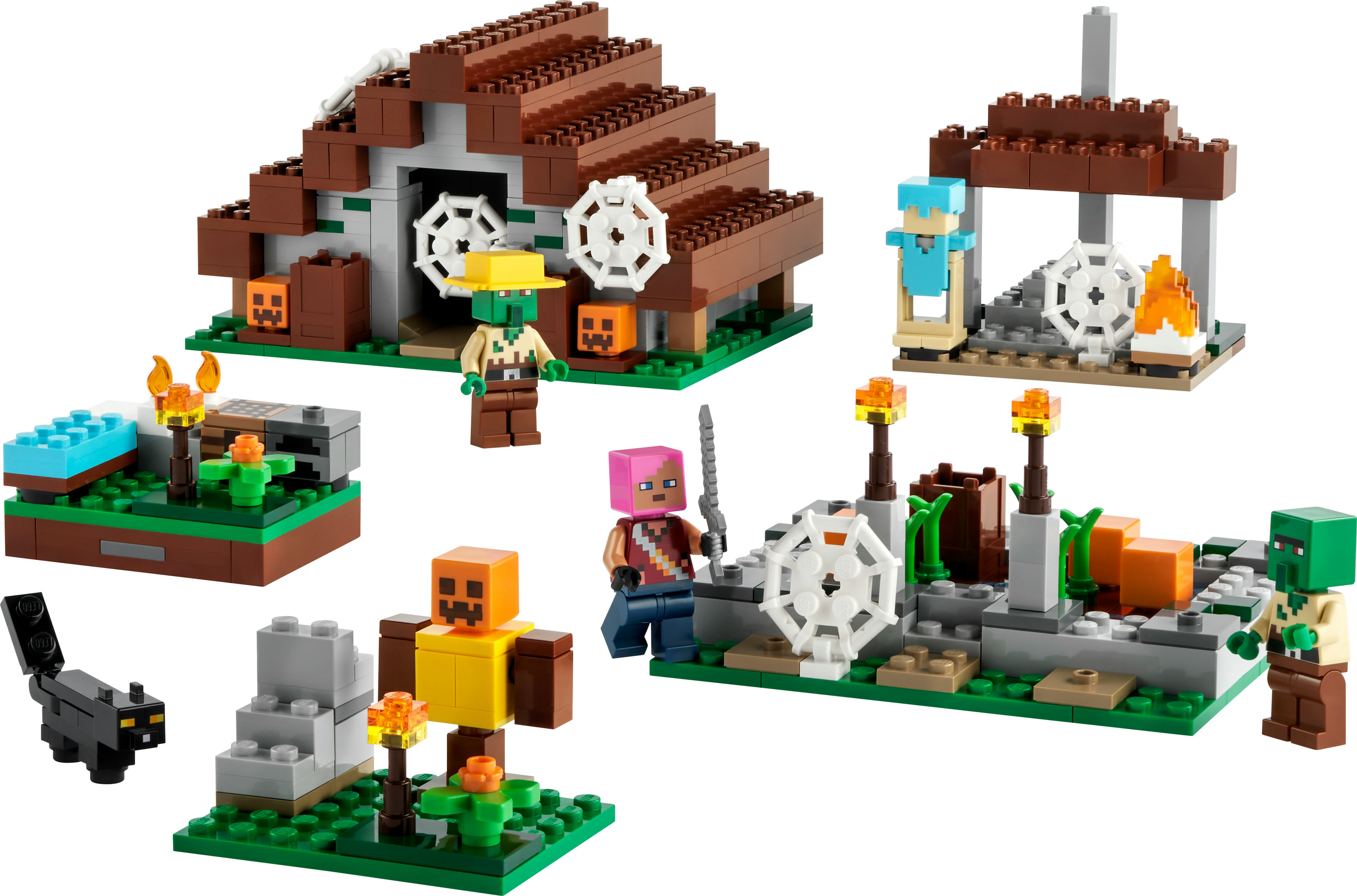 LEGO Minecraft Set mit mehreren Bauwerken, darunter ein Haus, Charaktere und Umgebungsdetails.
