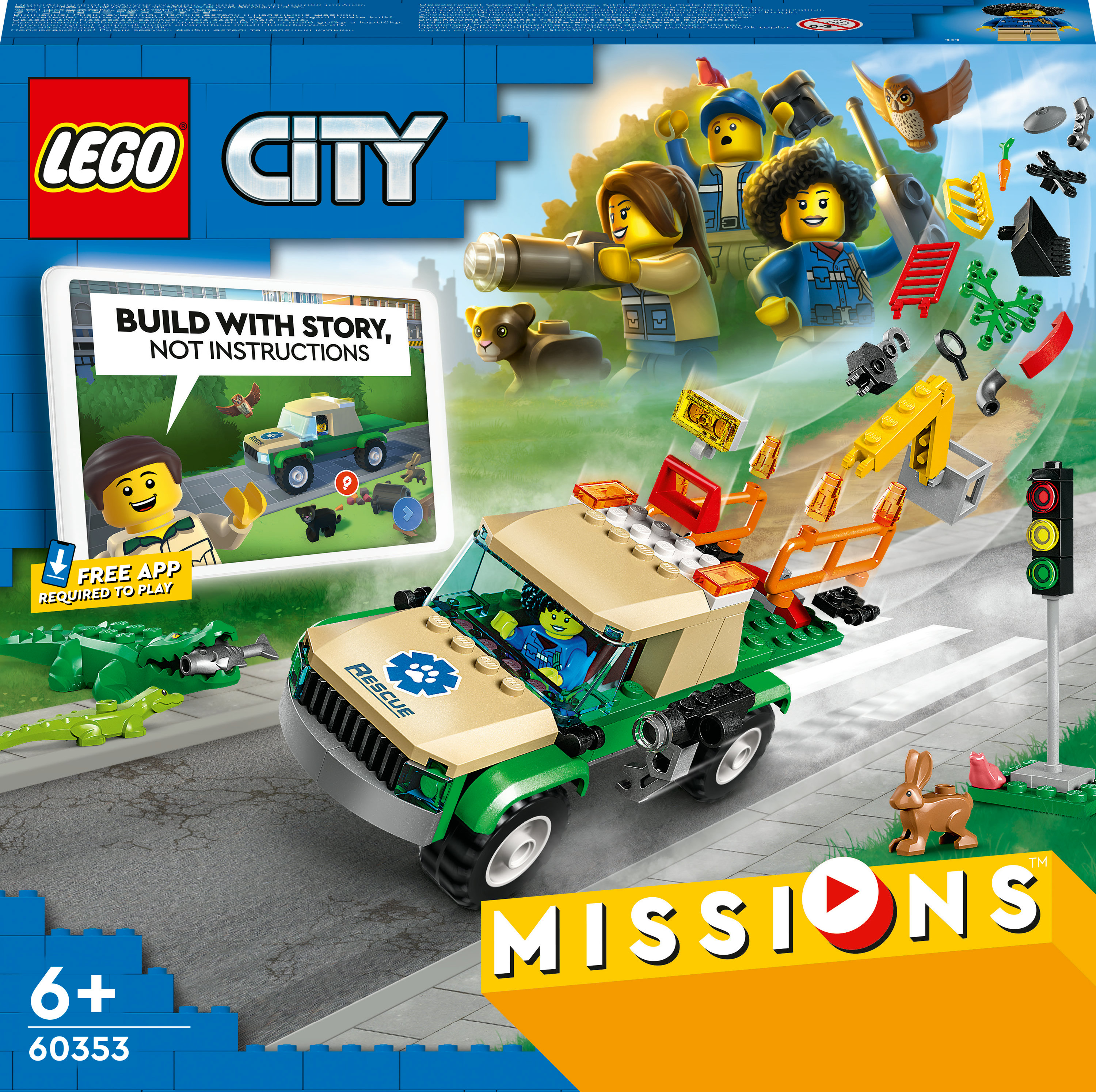 LEGO City Missions Set-Box mit einem Rettungsfahrzeug und Minifiguren. Bauspielzeug für Kinder, mit Stadtkulisse.