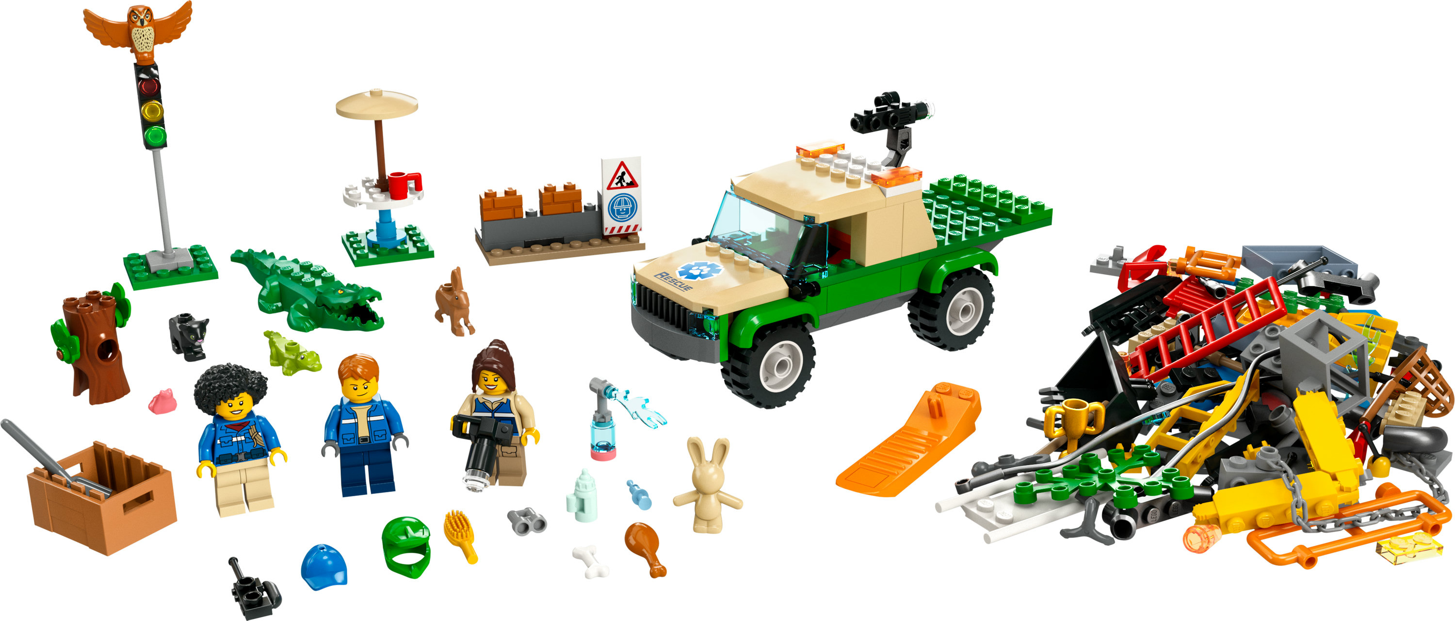 LEGO-Set mit einem grünen LKW, Minifiguren, einem Krokodil und anderem Zubehör, zum Thema Wildtiere.