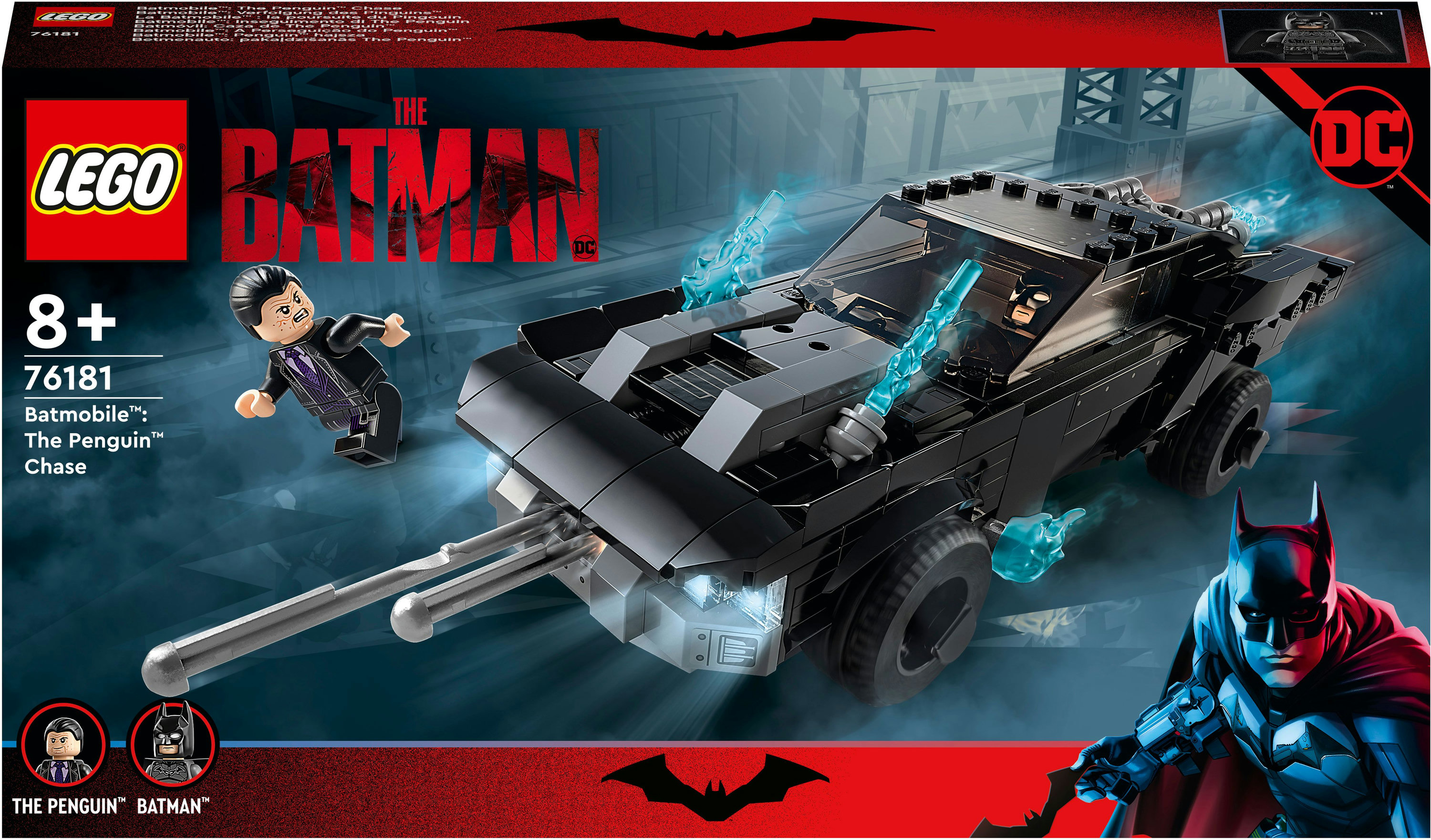 LEGO-Set zeigt die Batmobile-Verfolgung von The Penguin. Das Box-Art zeigt Batman und das Auto mit Stadtlandschaft im Hintergrund.
