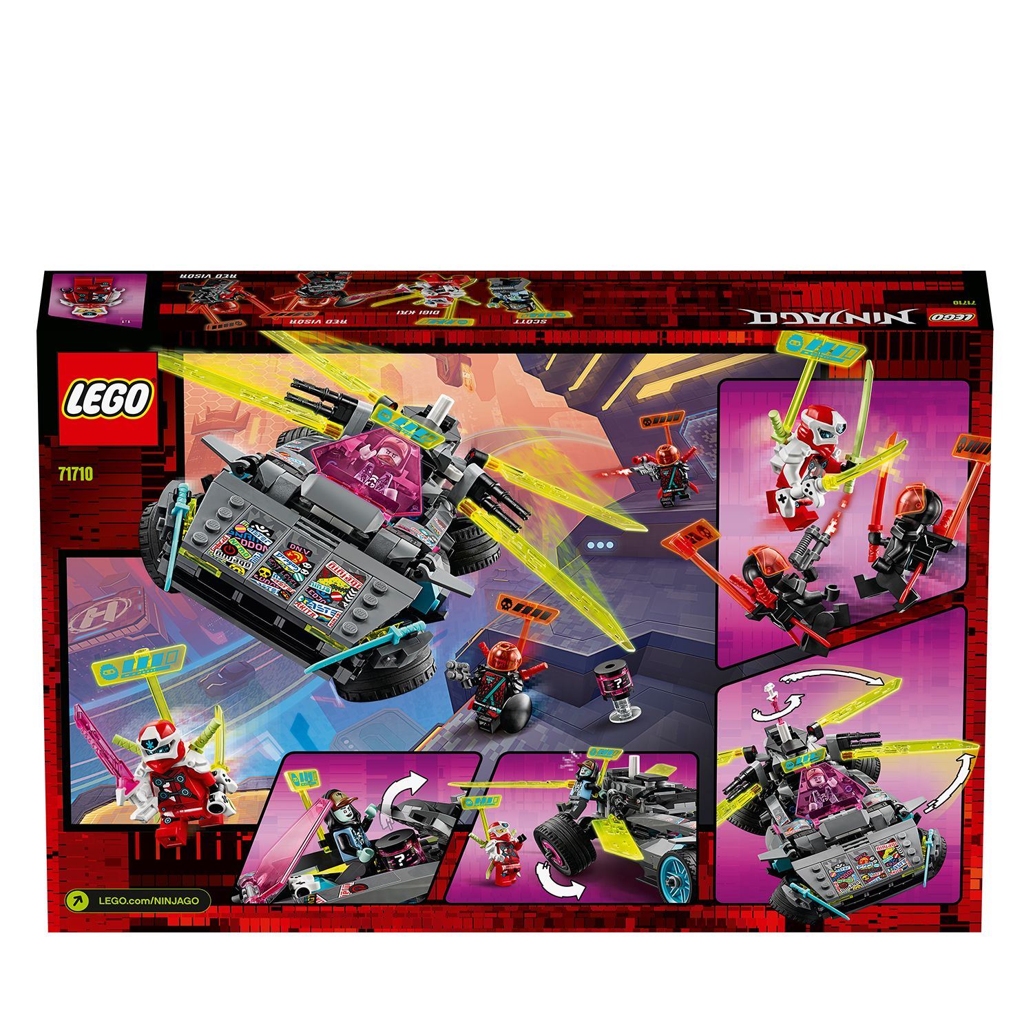 LEGO Ninjago set kutu çalışması, figürler, bir araç ve aksiyon sahneleri.