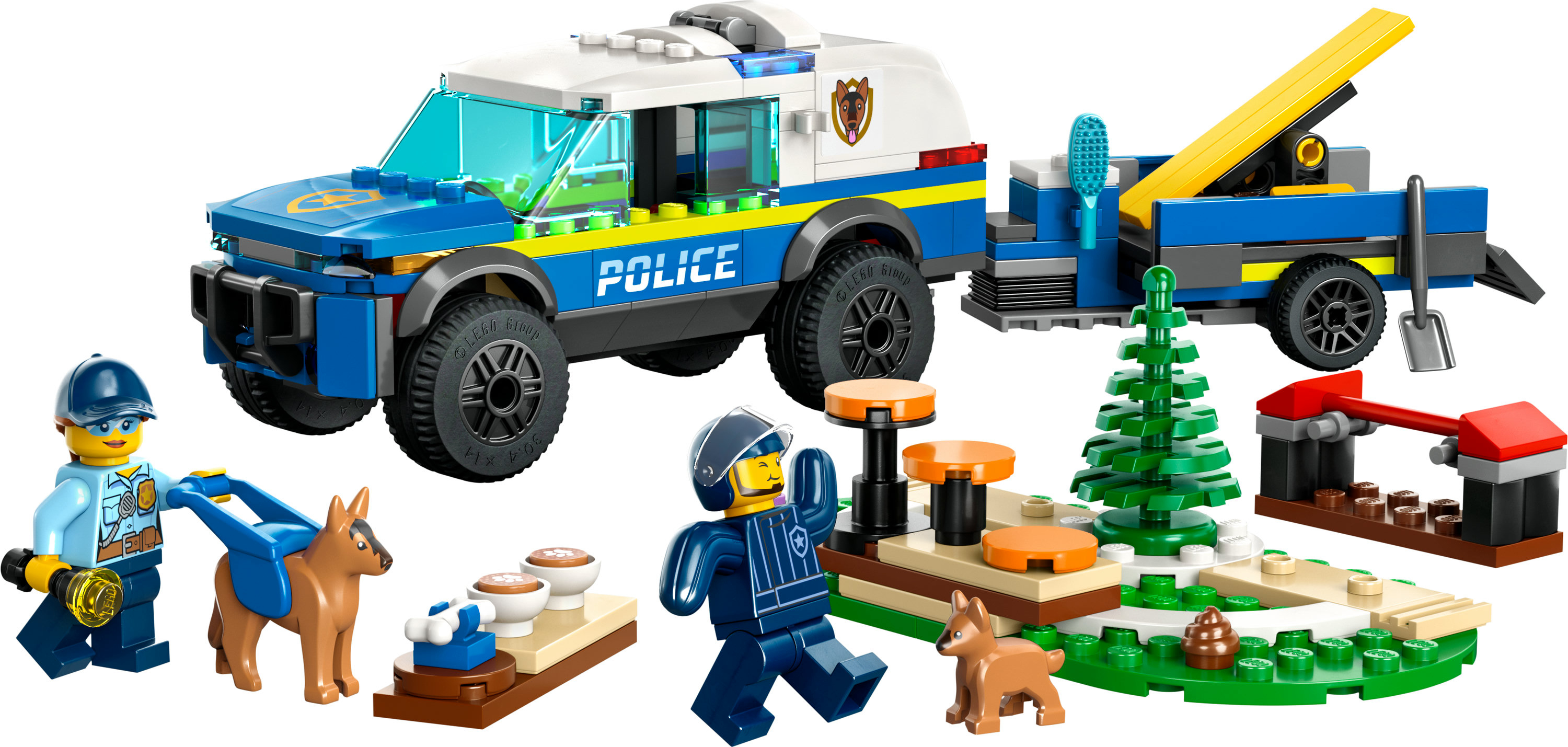 Figürler, bir köpek ve bir park sahnesi içeren bir Lego City polis aracı seti.