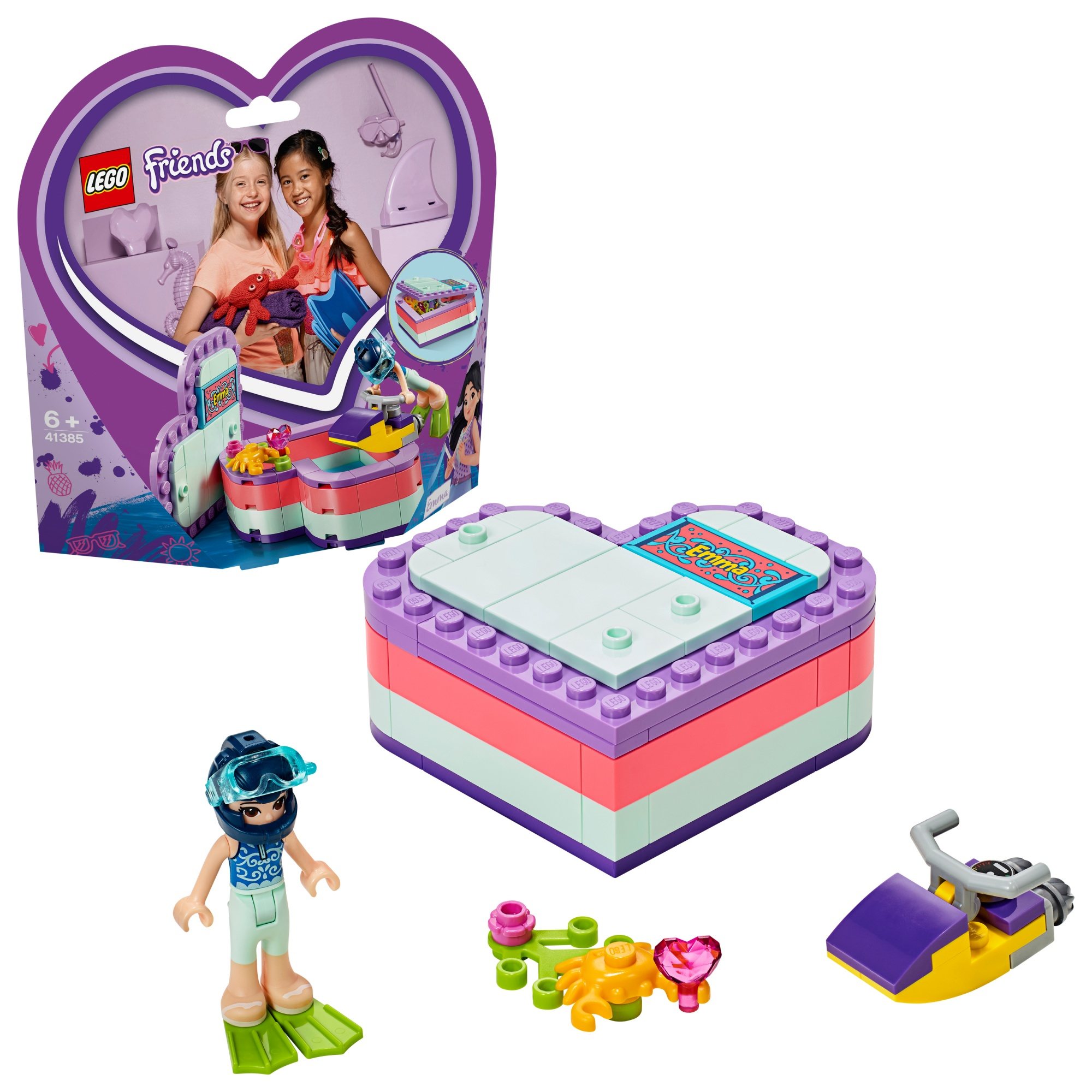 Ein LEGO Friends-Set zeigt ein herzförmiges Gebäude mit einer Taucher-Minifigur und Zubehör.