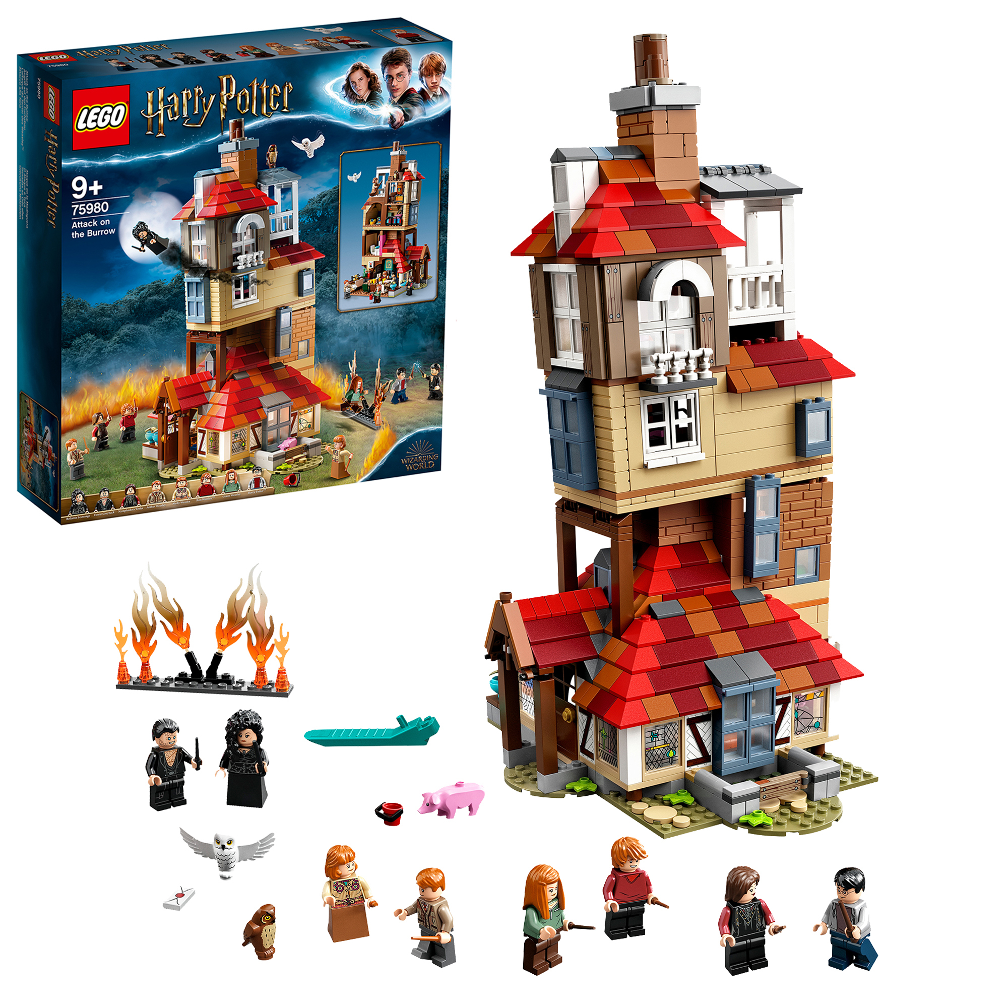 Un ensemble LEGO Harry Potter de Le Terrier. L'ensemble comprend des figurines et un modèle détaillé de la maison.