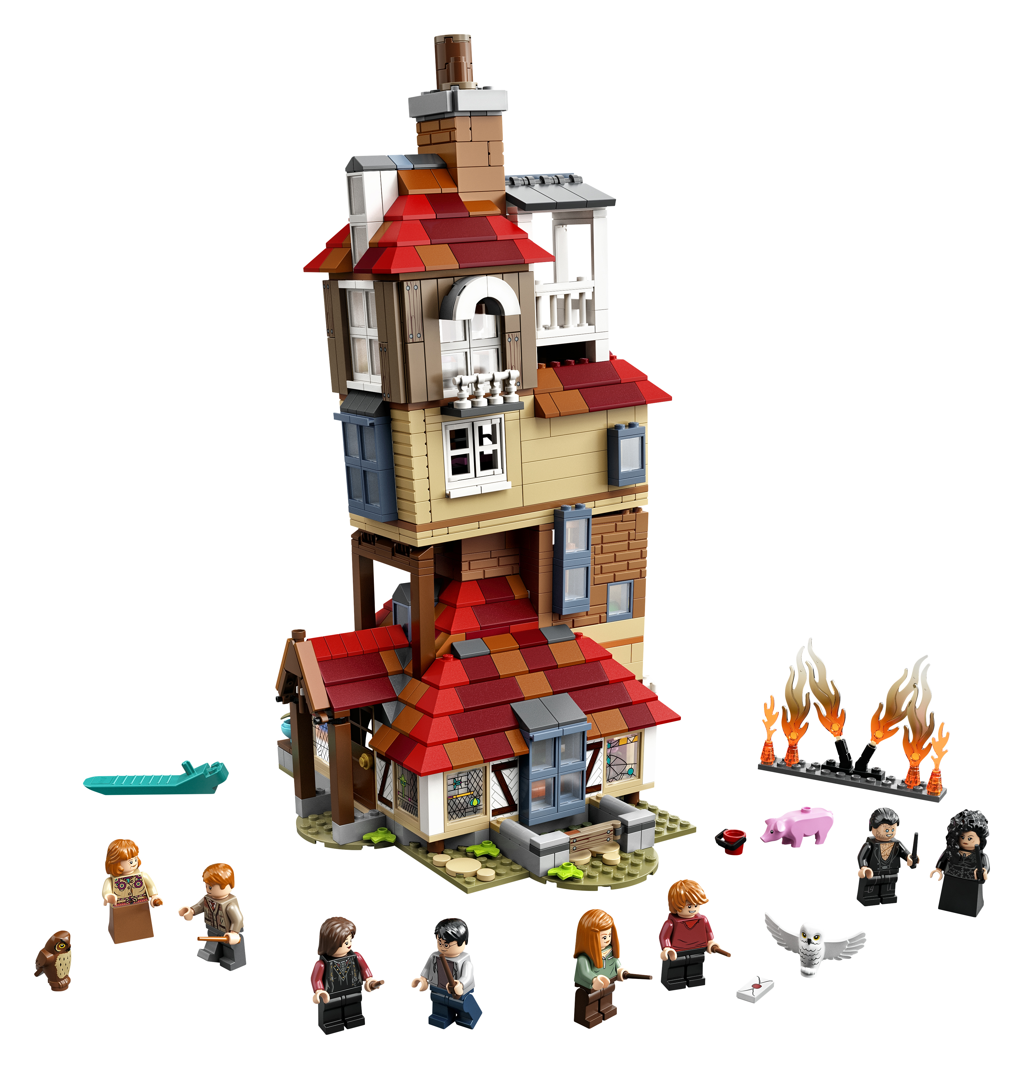 Ensemble Lego Harry Potter du Terrier. Comprend des figurines, un feu et un bateau.