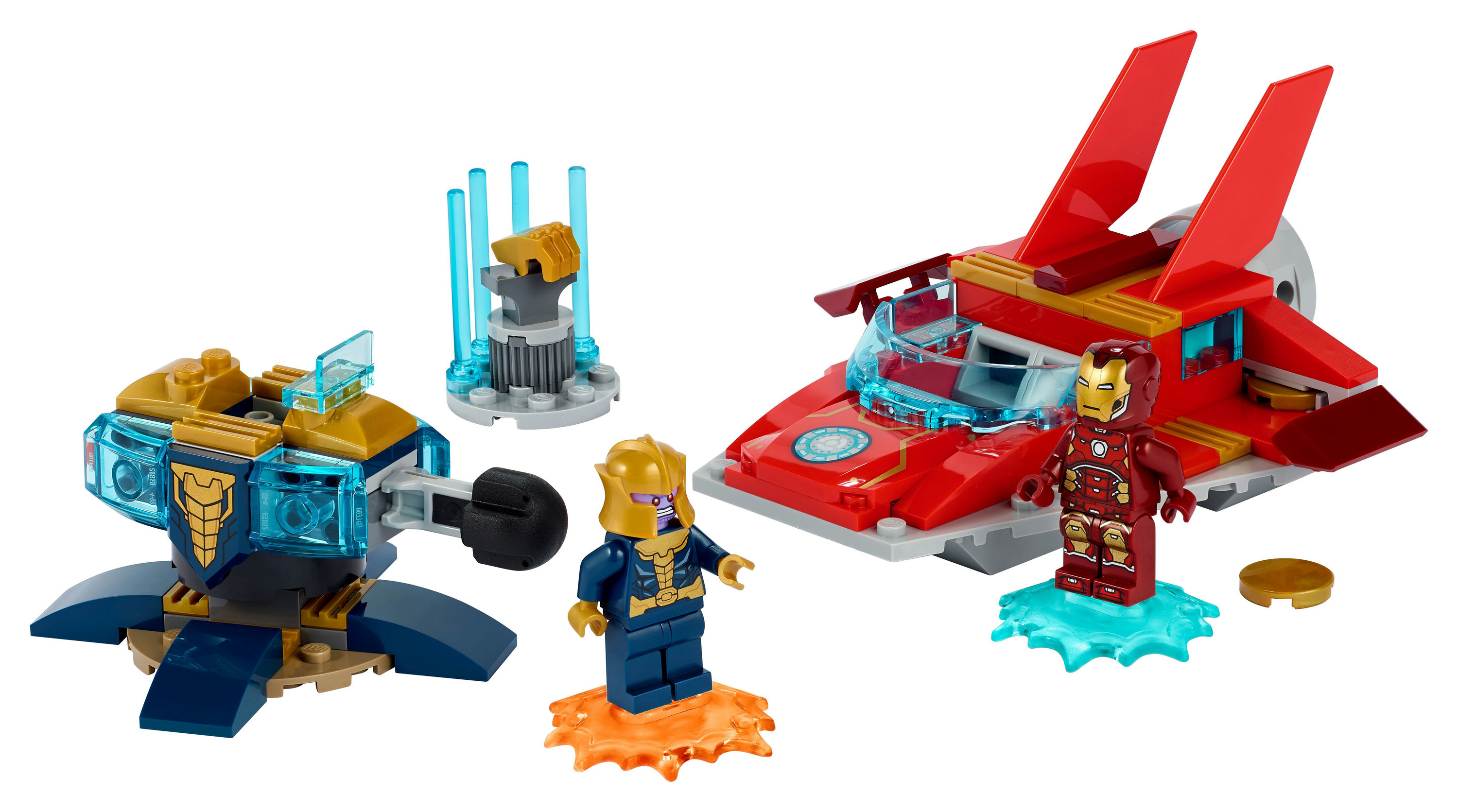 Lego-Set mit Figuren von Iron Man, Thanos und anderen, zusammen mit Raumschiffen und einer Kampfszene.