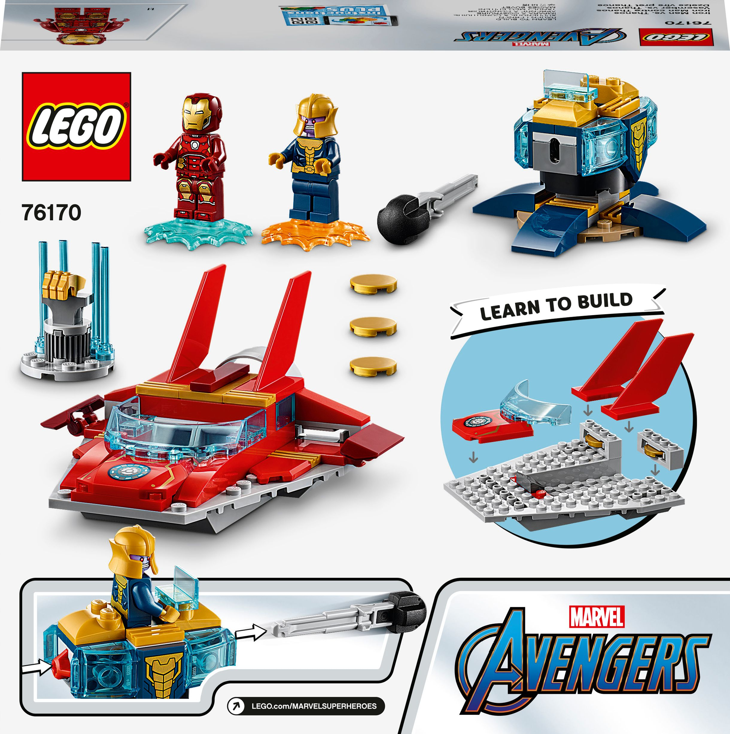LEGO Marvel Avengers Set mit Iron Man, Thanos Figuren und Bauanleitungen. Rote und blaue Elemente.