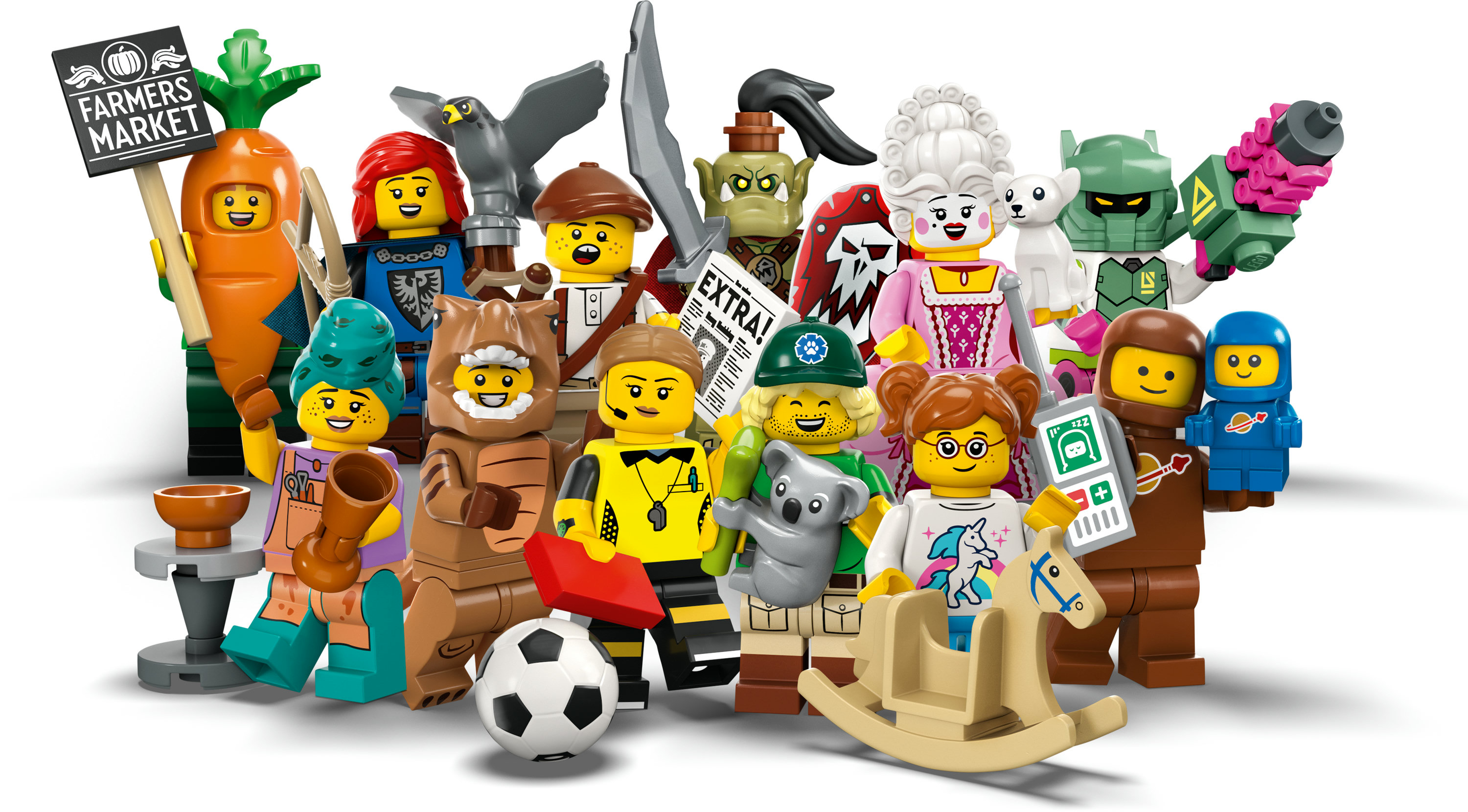 Lego-Minifiguren-Sammlung mit verschiedenen Charakteren, darunter eine Karotte und ein Koala.