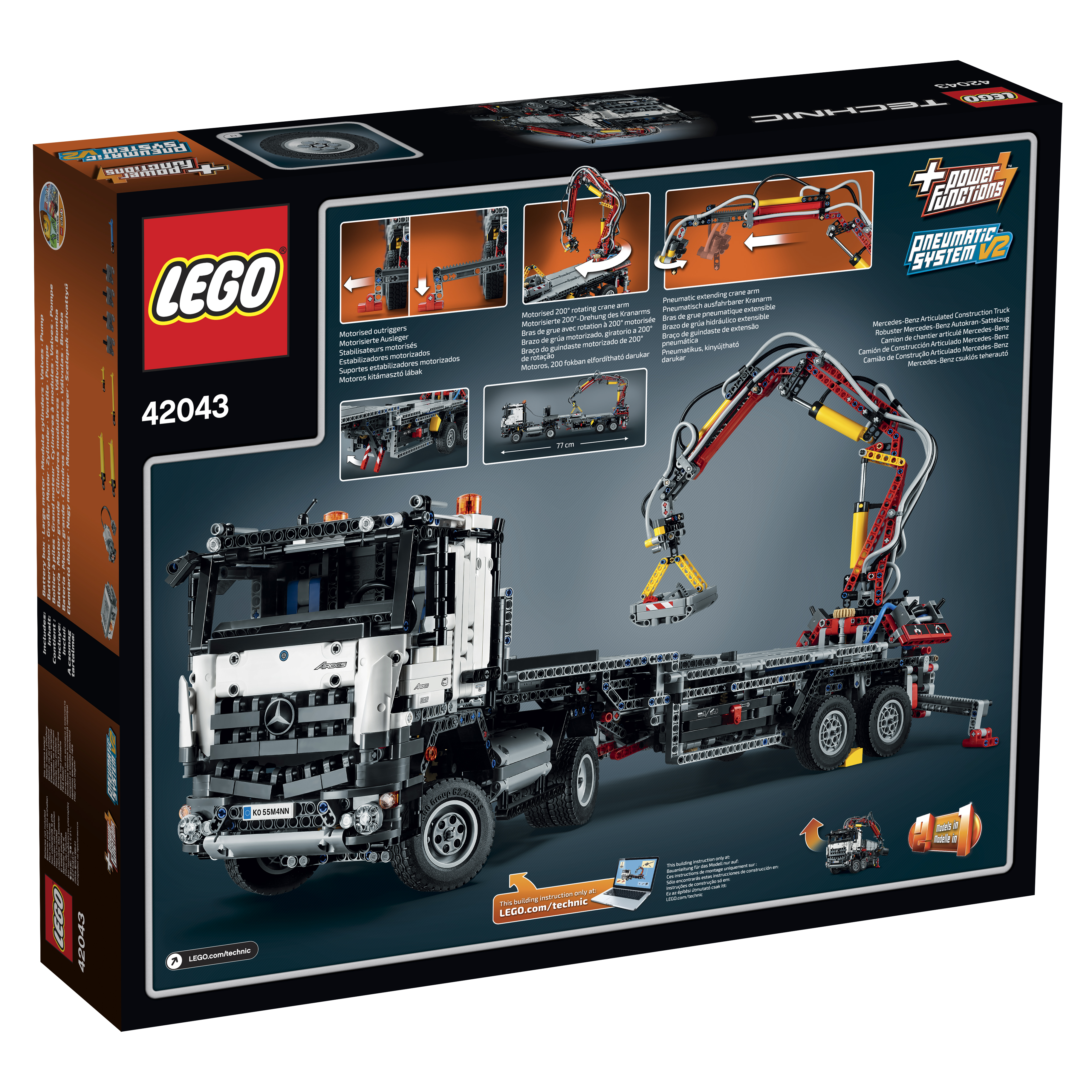 Set de caja LEGO Technic con un camión grúa en exhibición.