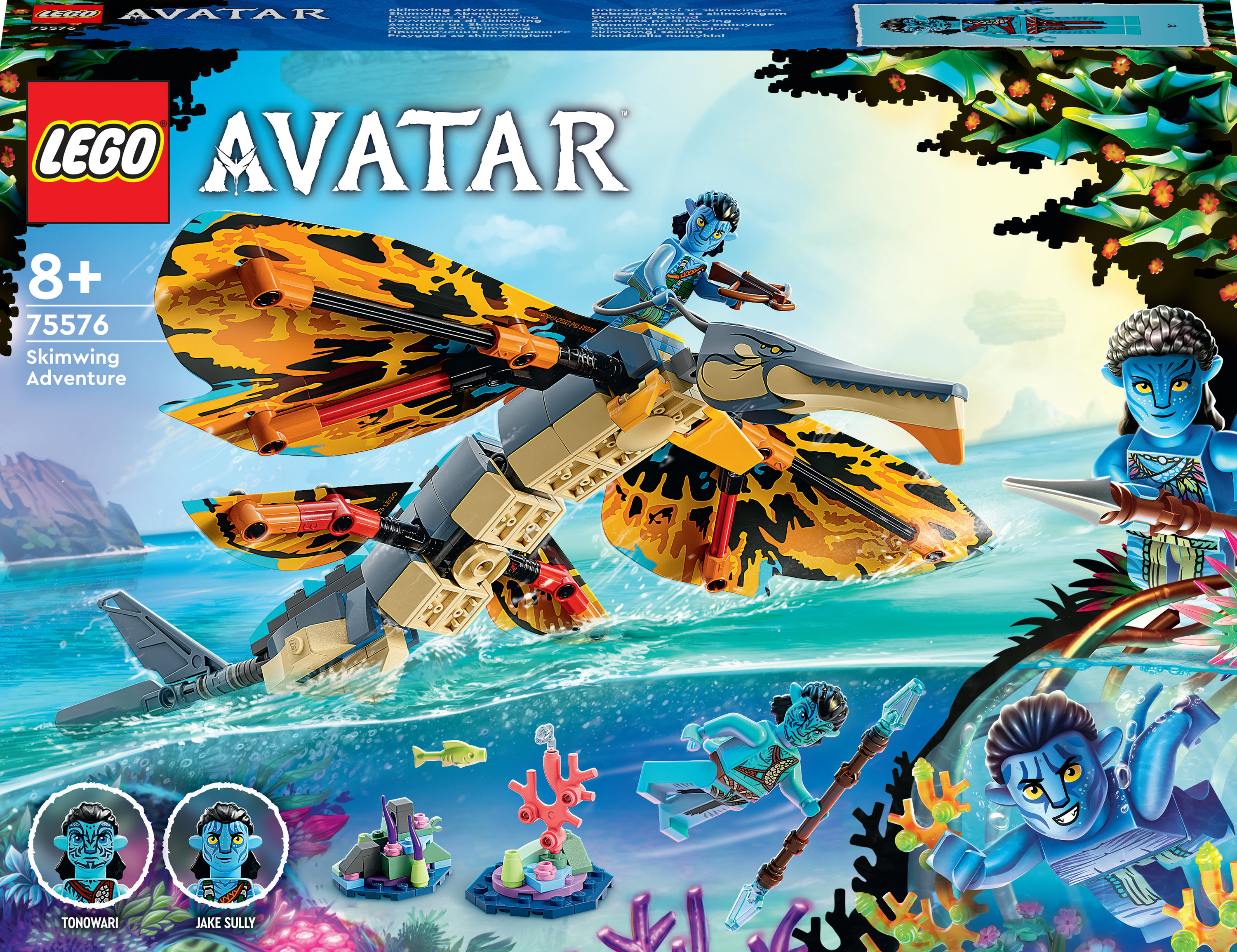 Un set LEGO Avatar con una creatura, personaggi ed elementi scenici.