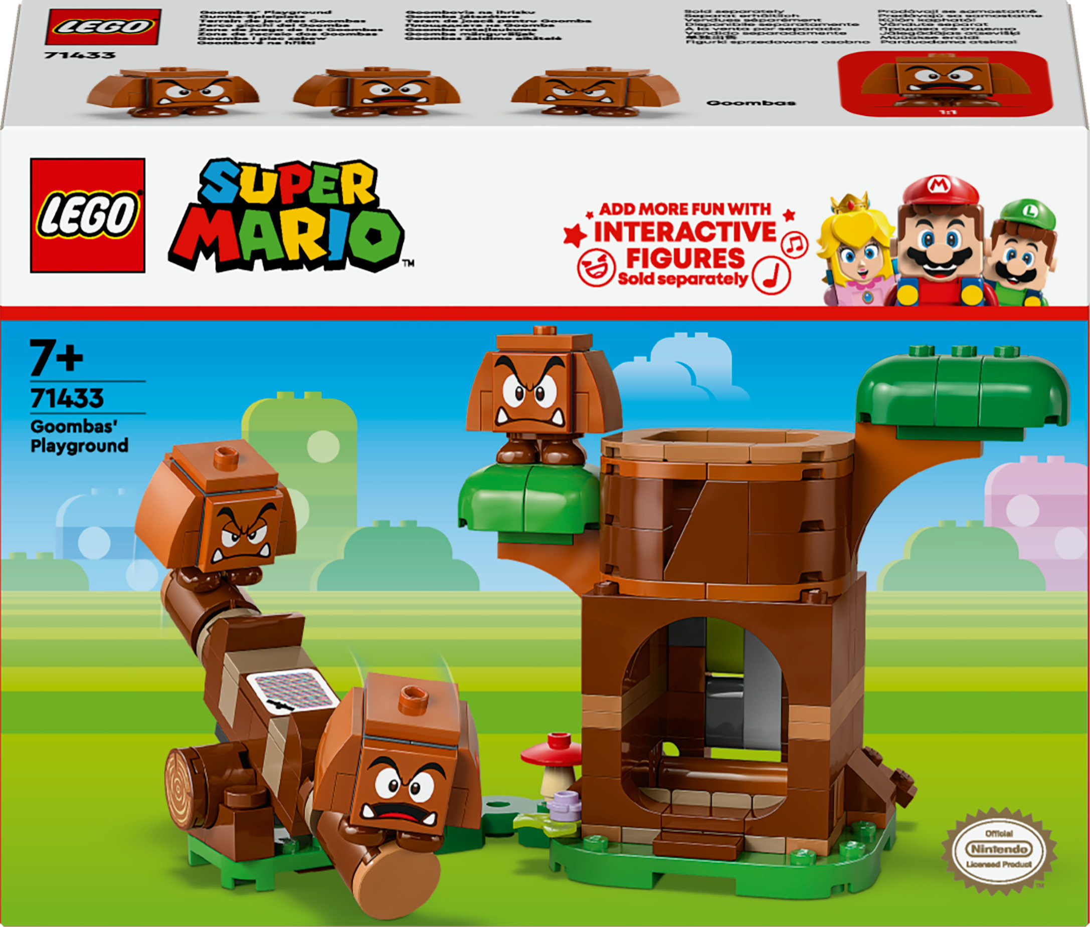Eine Lego Super Mario Goombas' Spielplatz-Box mit Goombas und einer baumartigen Struktur.