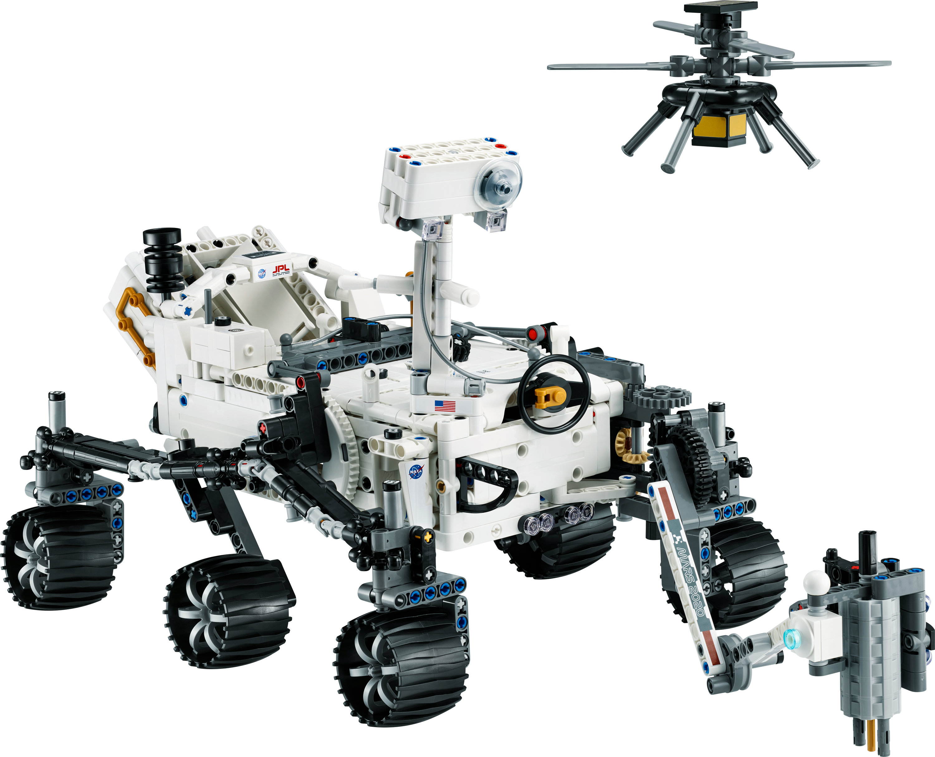 Model LEGO Technic Mars Rover Curiosity z małym helikopterem. Białe tło.