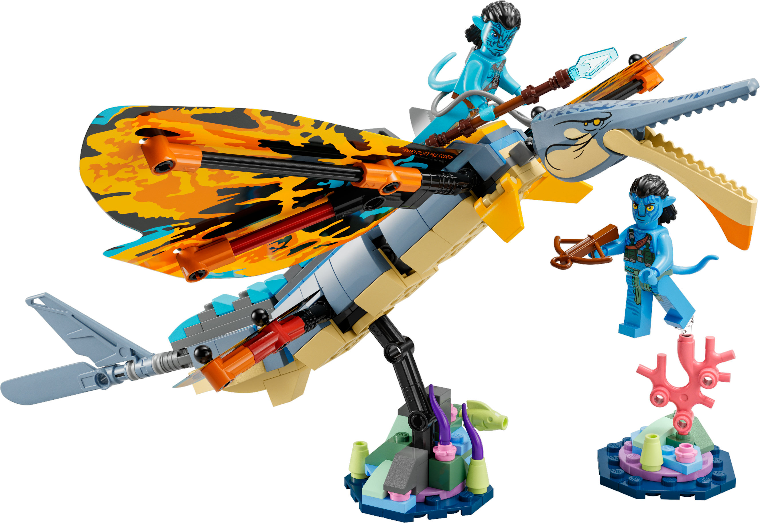 Un set Lego Avatar presenta una creatura acquatica, due personaggi e una struttura corallina.