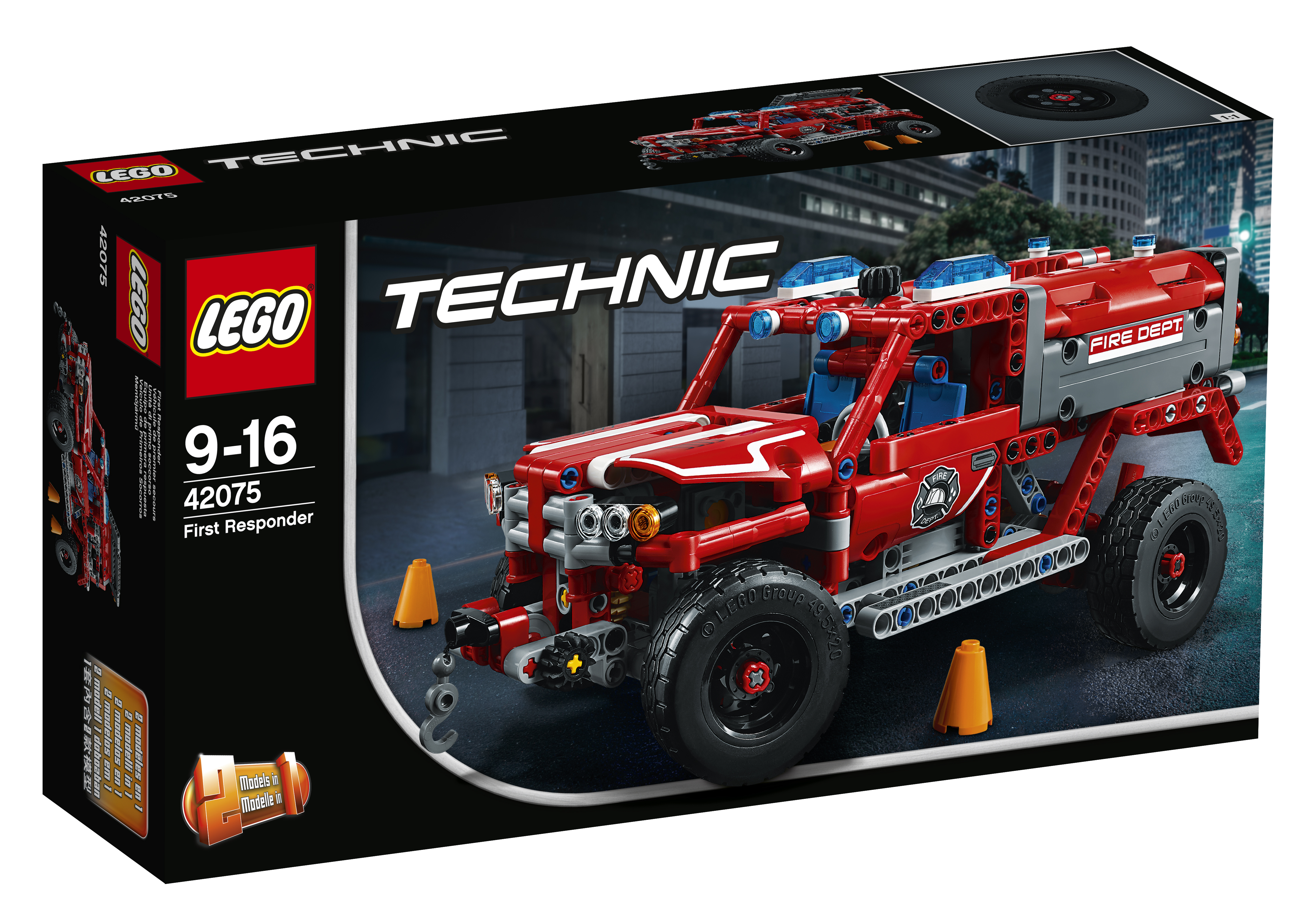 Pudełko zestawu Lego Technic First Responder. Czerwono-szary wóz strażacki na białym tle.