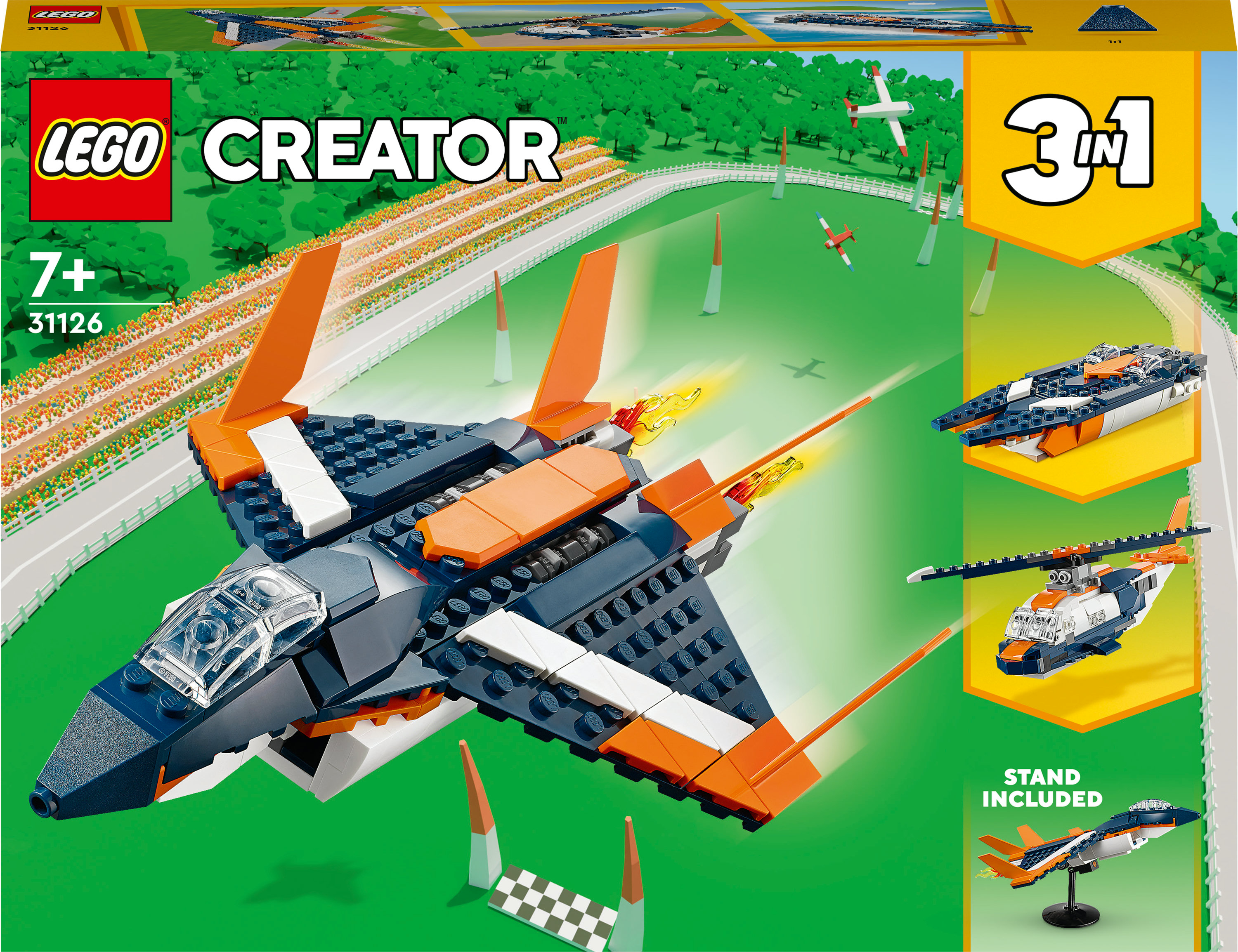 Caja del set Lego Creator 3 en 1. Modelos de avión, avión y helicóptero. Colores naranja y azul. Fondo de pista de carreras y hierba.