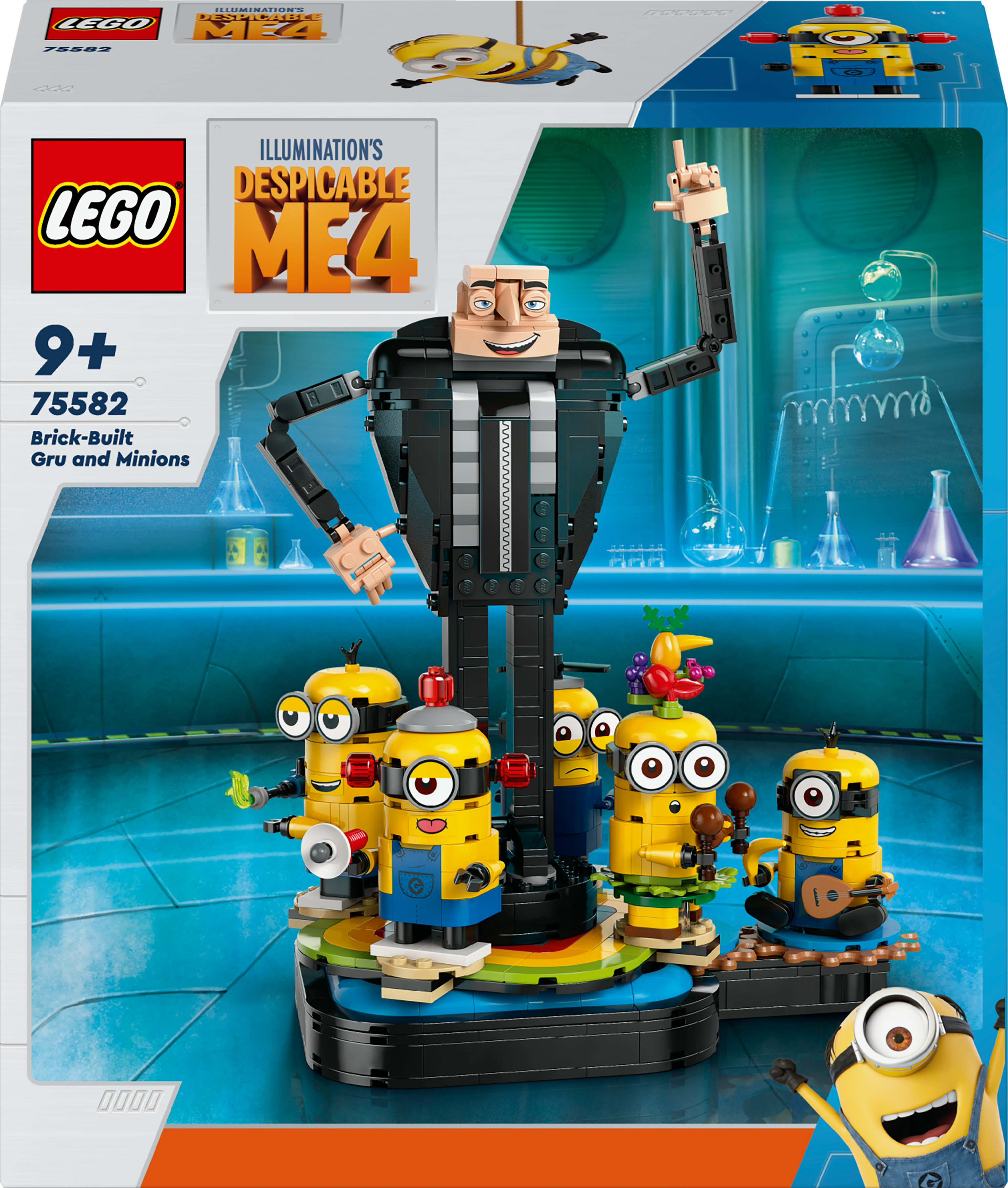Zestaw Lego z Gru i Minionkami z filmu Minionki 4 na scenie w laboratorium.