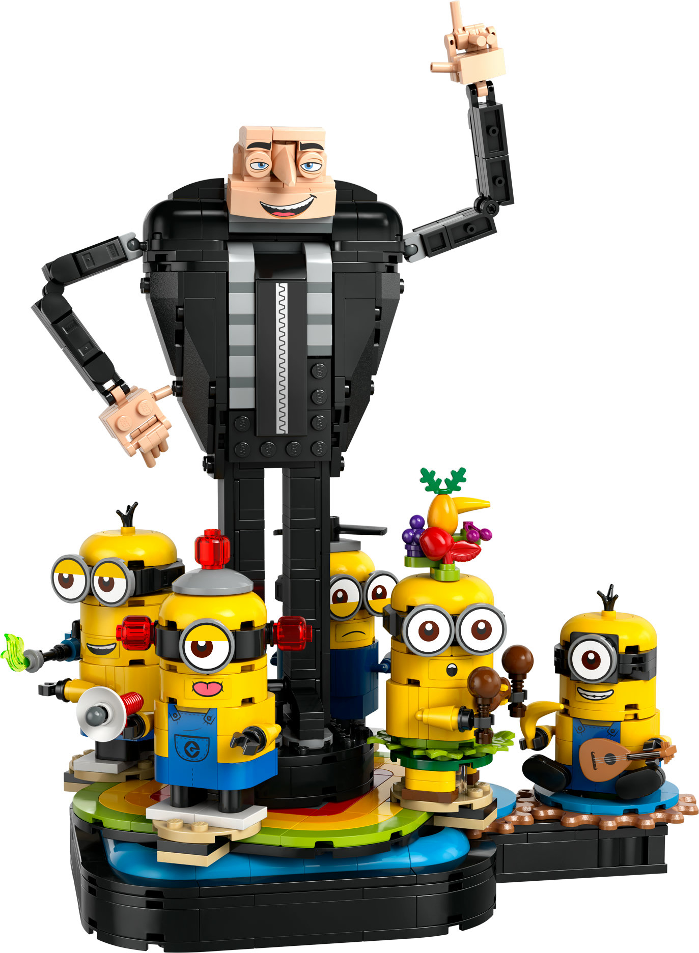 Zestaw Lego Minions z Gru stojącym nad Minionkami. Minionki są żółte.