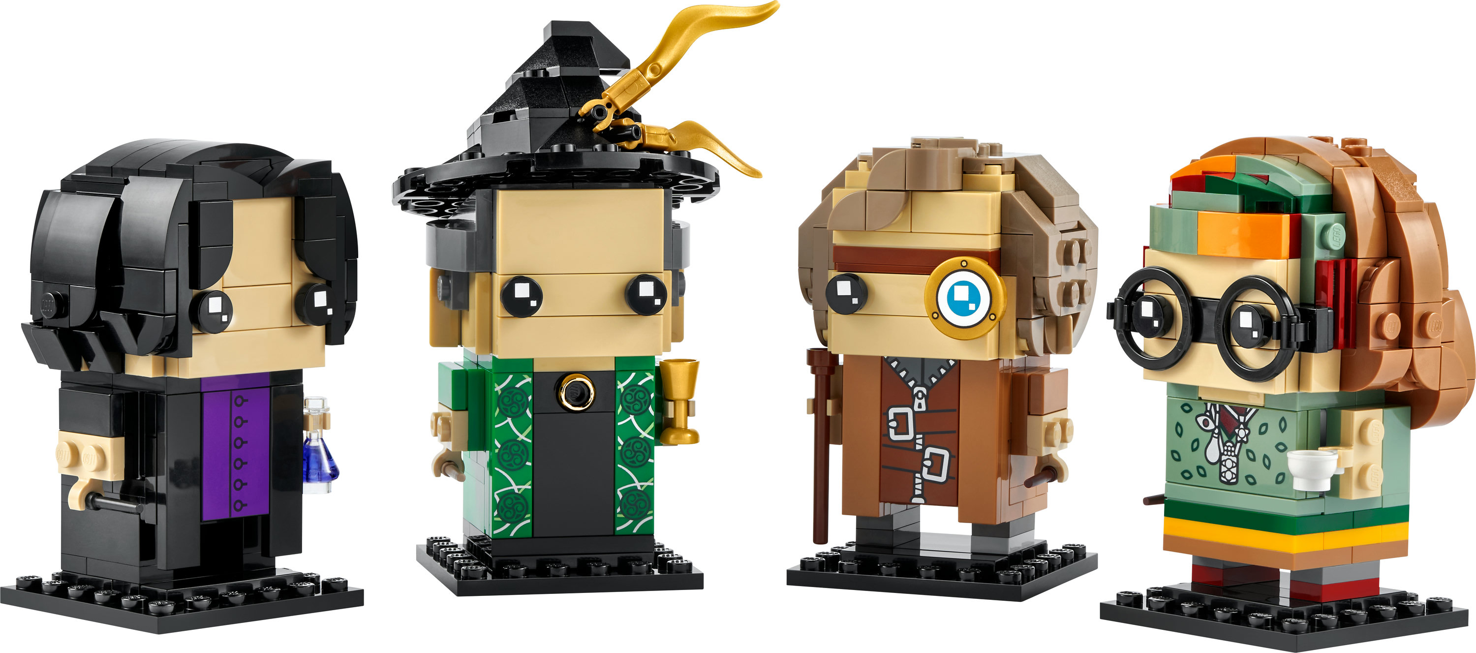 Vier Lego BrickHeadz Figuren: Snape, ein Zauberer, ein Mann mit Monokel und ein Mann mit Brille.