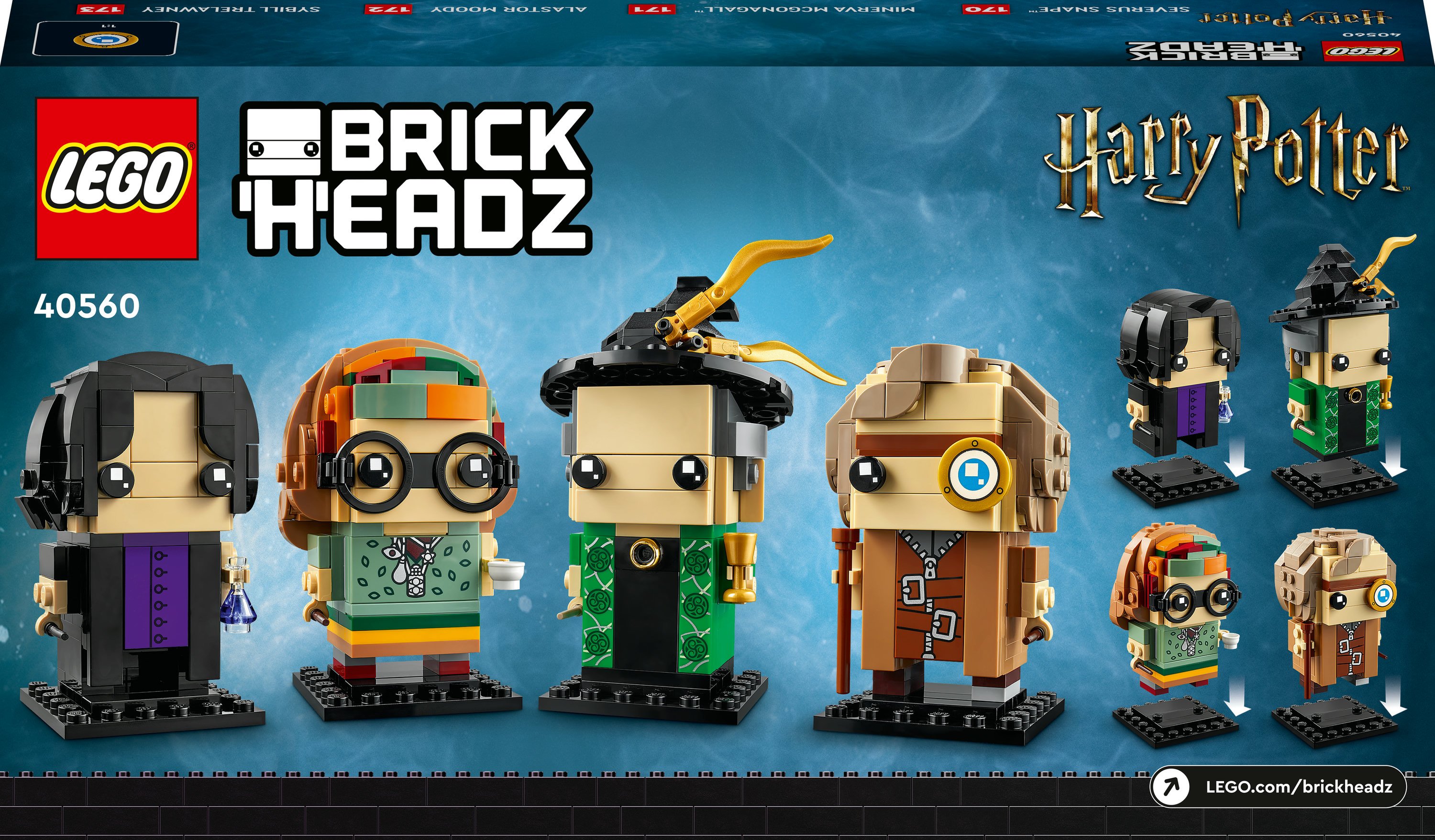 LEGO BrickHeadz Harry Potter Set. Kastenfiguren von Snape, McGonagall, Dumbledore und anderen Charakteren zur Schau gestellt.