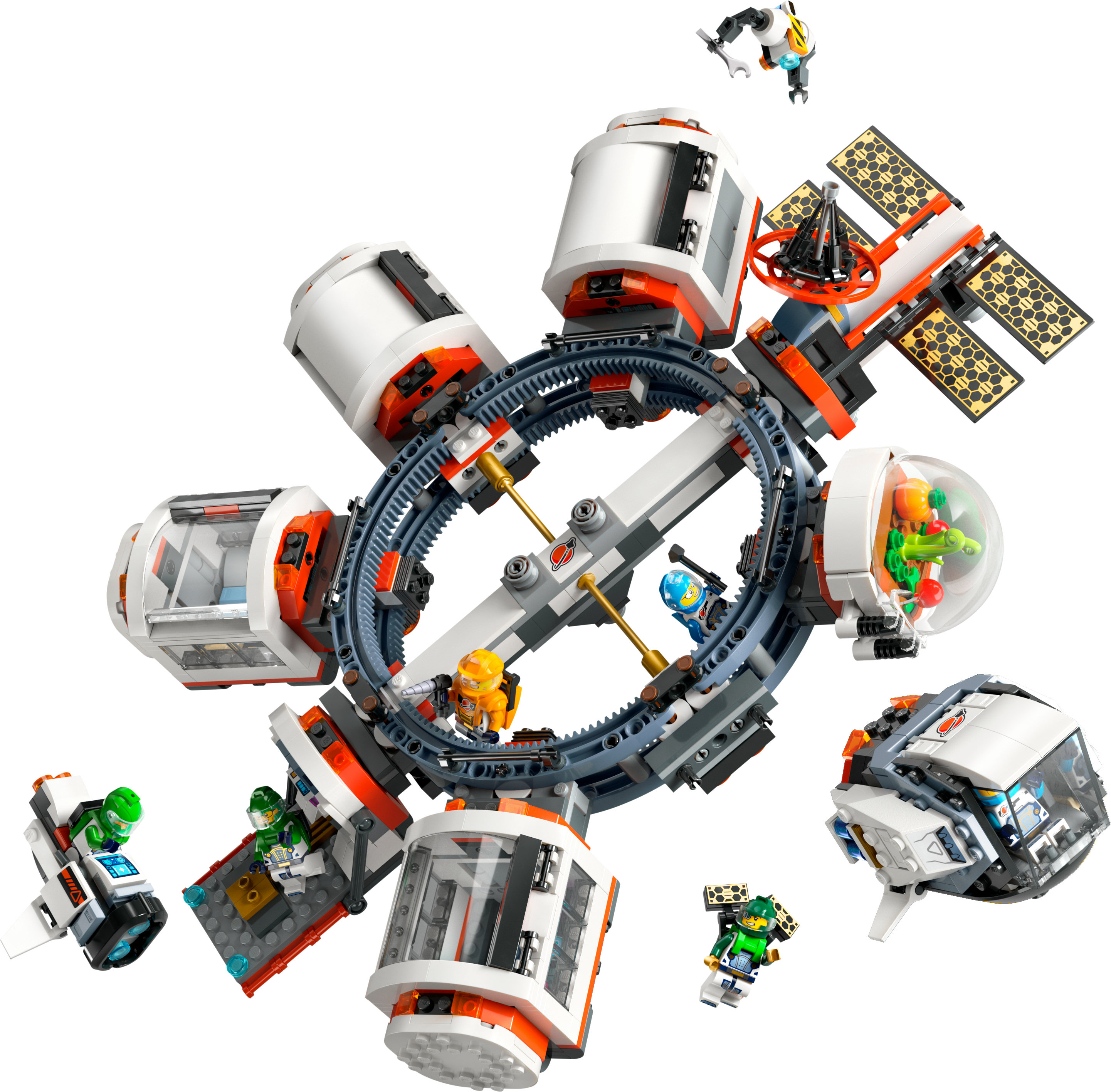 Se muestra un set de estación espacial Lego City con varios módulos y figuras.
