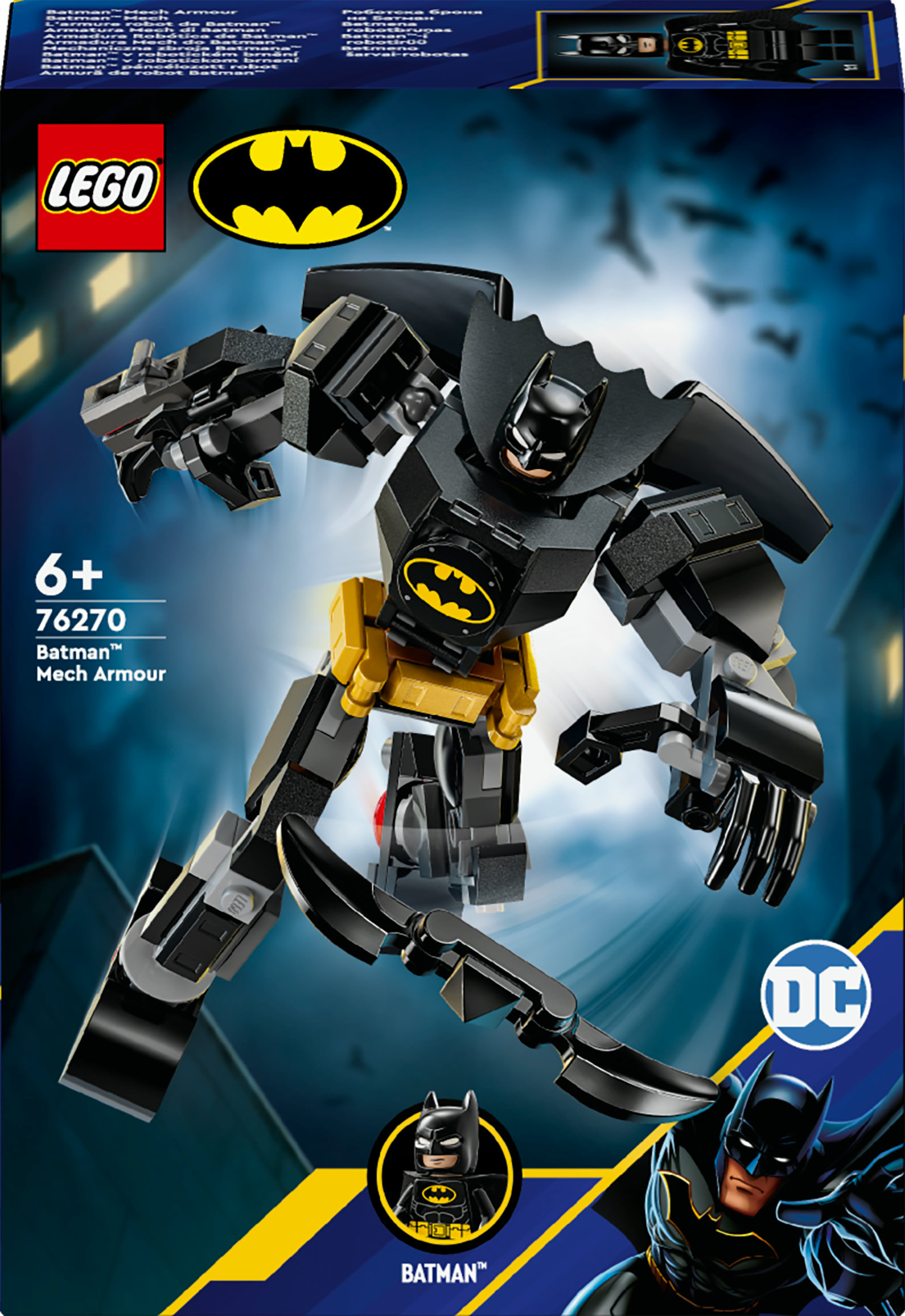Pudełko LEGO Batman Mech Armor, z Batmanem w zbroi mech i małą figurką Batmana.