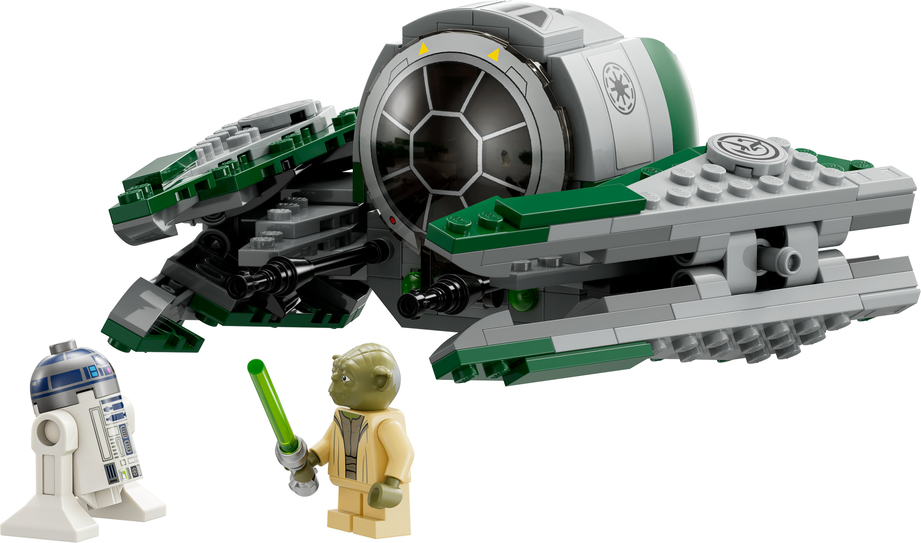 Lego Star Wars Schiff mit R2-D2, Yoda Figuren. Grünes und graues Schiff auf weißem Hintergrund.