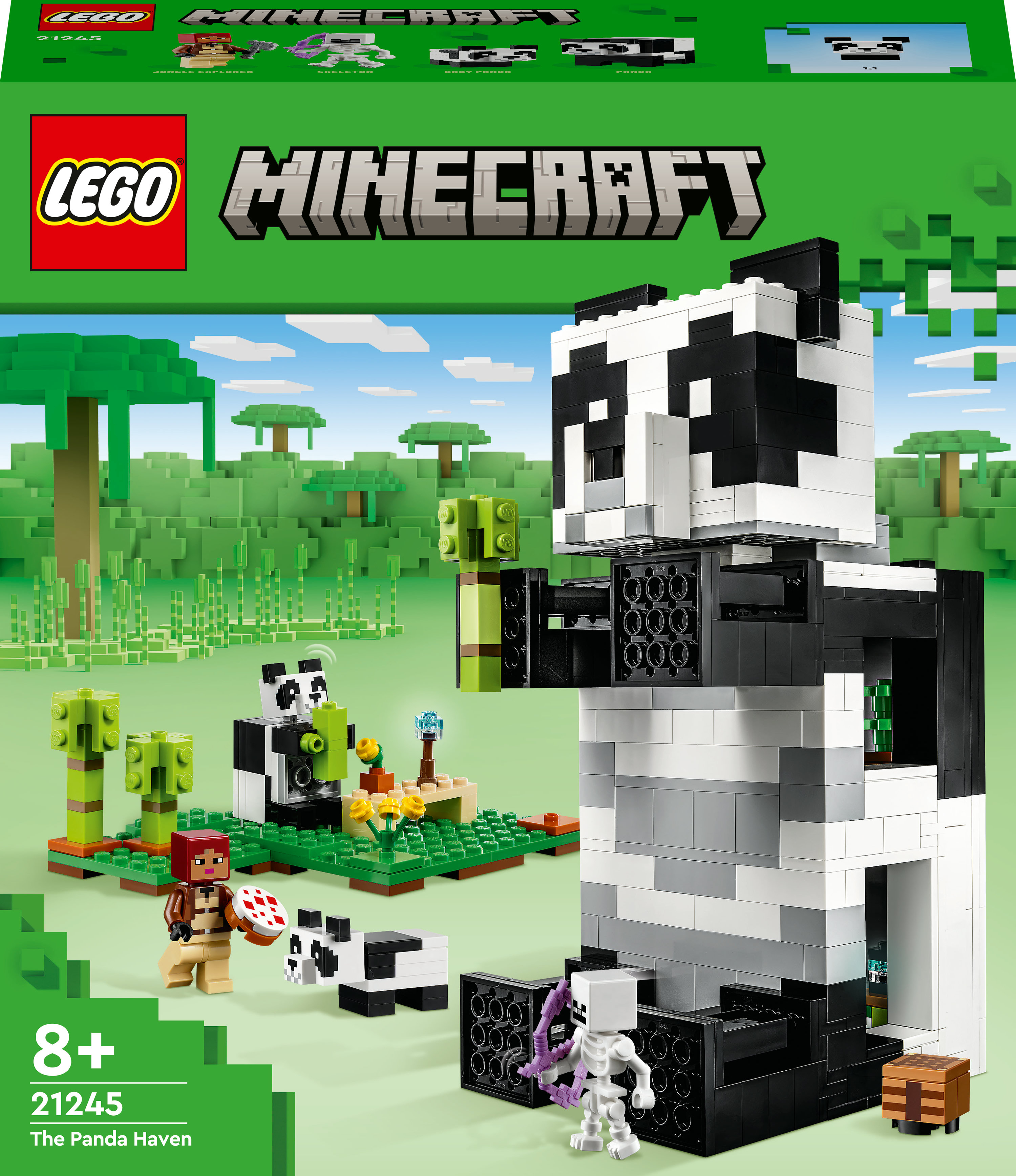 Bir Lego Minecraft kutusu, bir panda, figürler ve yeşil bir manzara içindeki bir yapıyı gösteriyor.