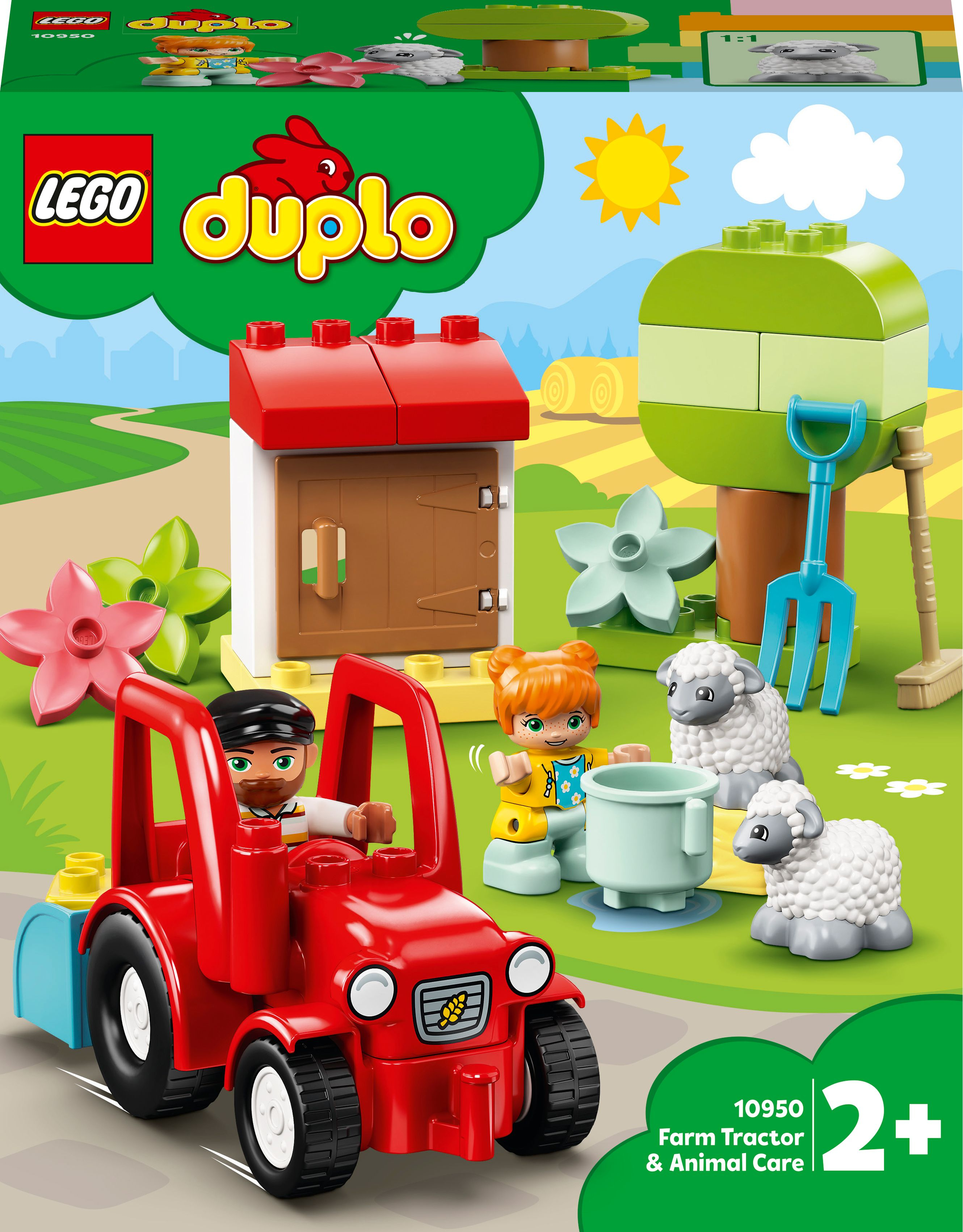 LEGO Duplo Set. Roter Traktor mit einem Mann am Steuer, einem Mädchen, Schafen, einer Gießkanne und Farmelementen.