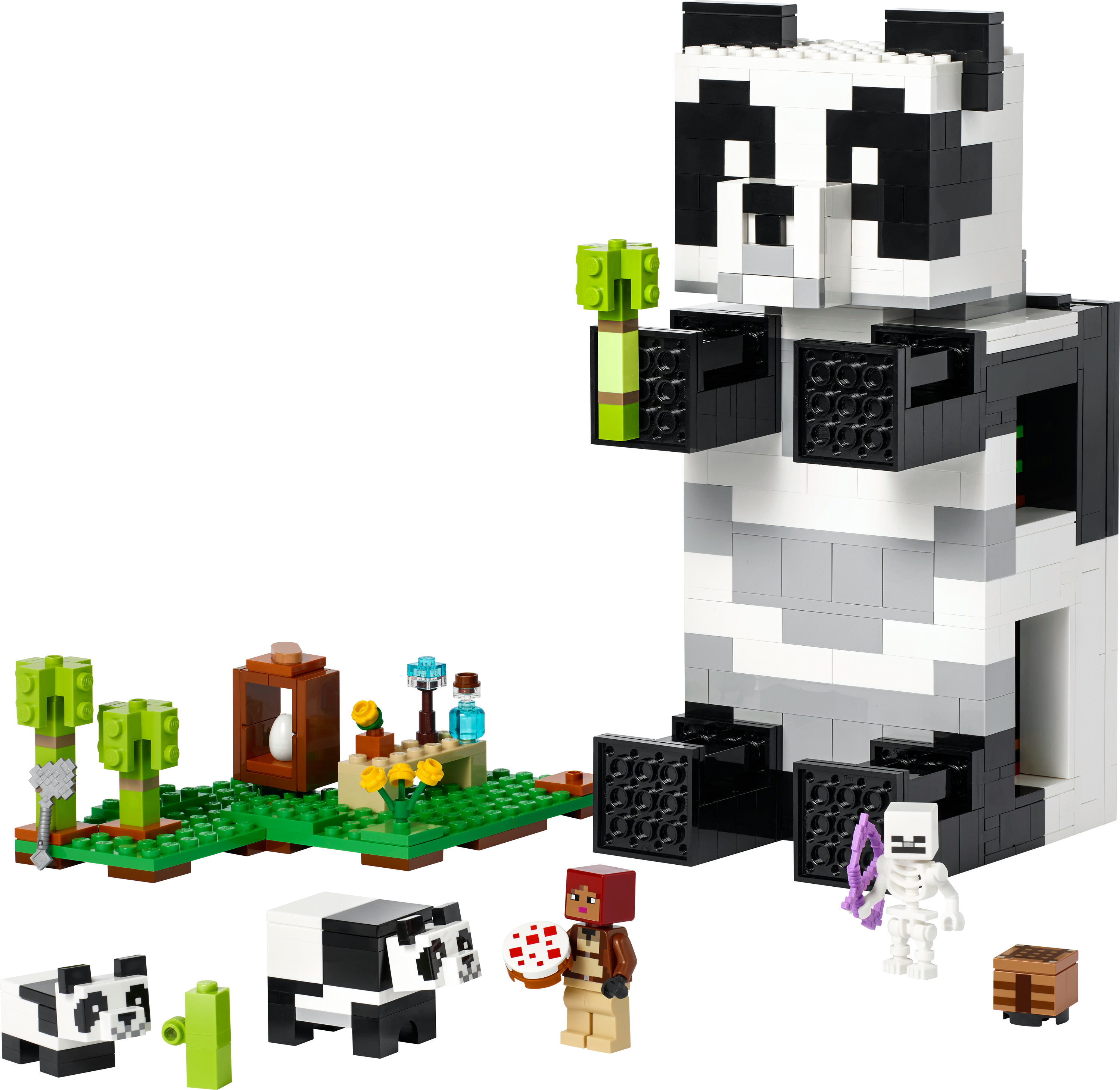 Büyük bir Lego pandası ve daha küçük pandalar, bir köylü ve bir iskelet ile yaşam alanı.