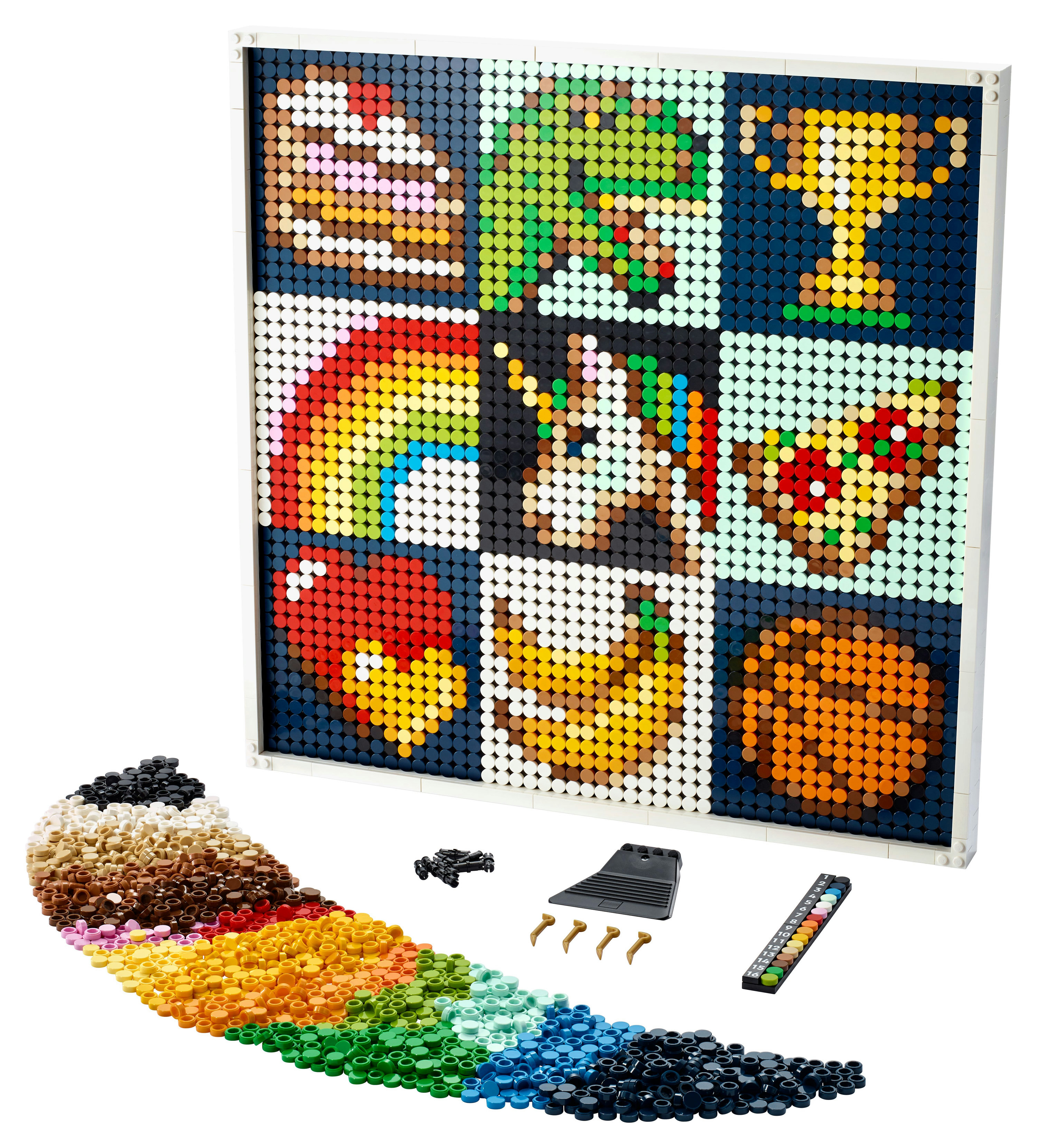 Mosaico d'arte Lego. Punti colorati formano immagini di cibo, arcobaleno, trofeo e altro, in una cornice.