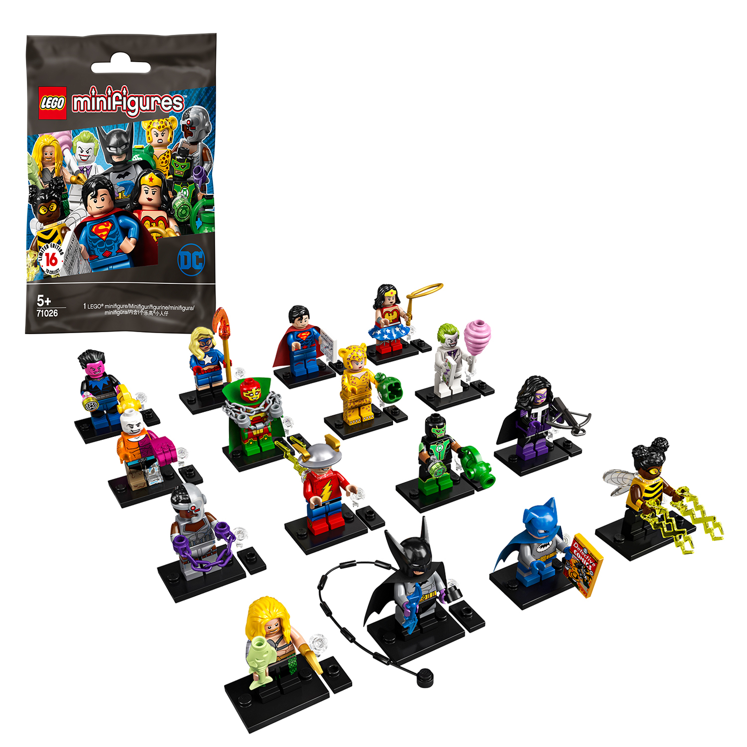 Ein Lego DC Minifiguren-Set mit verschiedenen Superhelden- und Schurkenfiguren auf Weiß.