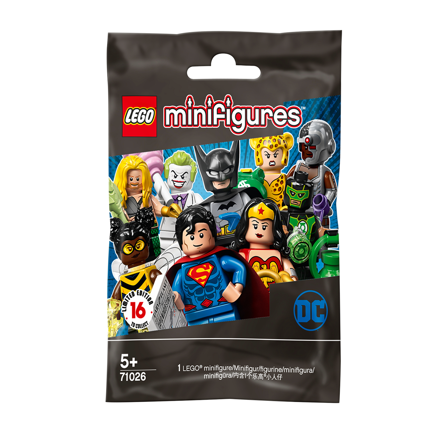 Lego Minifiguren-Beutel mit DC Comics-Charakteren.