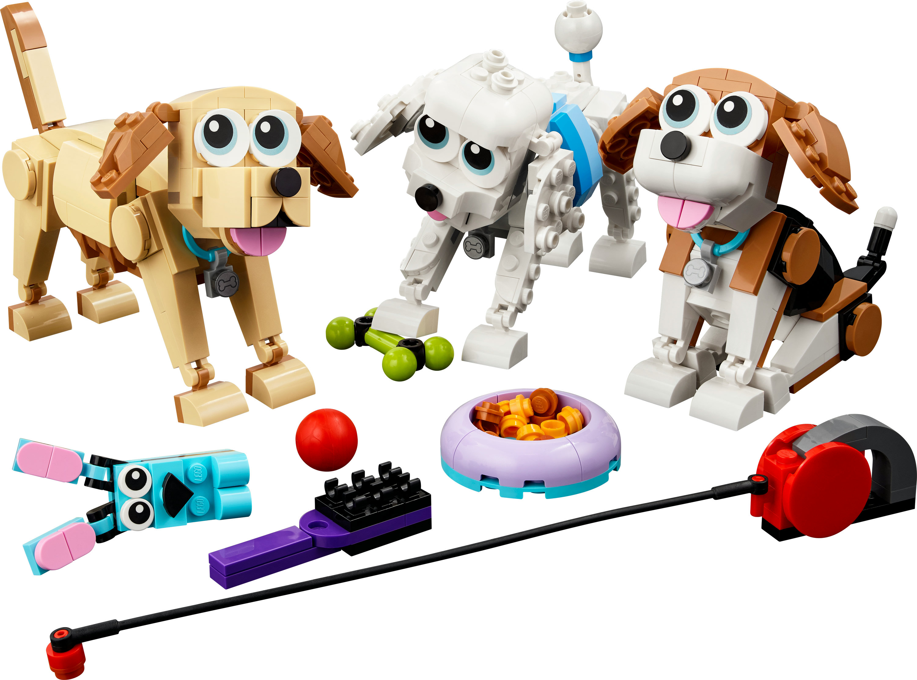 Drie Lego hondenfiguren met accessoires zoals een bak, riem en kam.