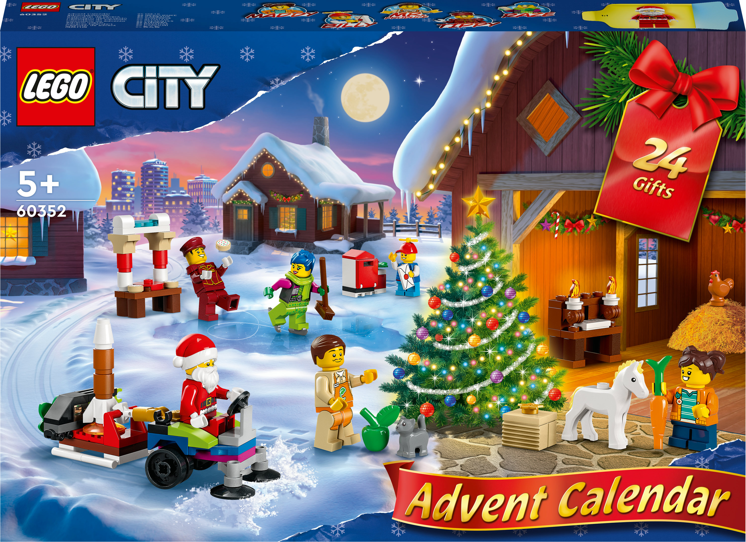 Lego City Adventskalender-Box mit Kulissen einer verschneiten Winterszene.