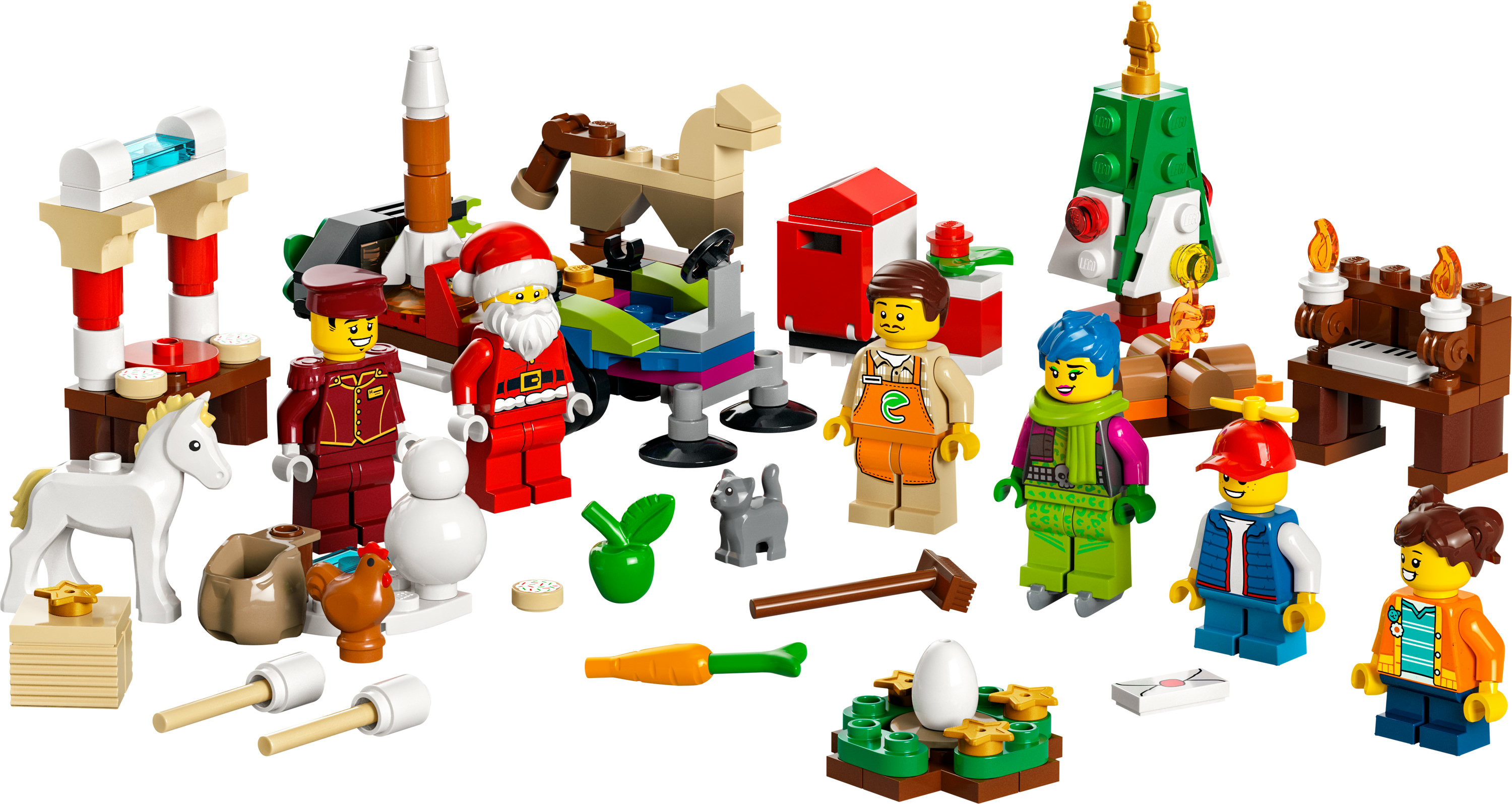 Ein LEGO Weihnachtsset mit Santa, Schneemann und verschiedenen Figuren und Requisiten.