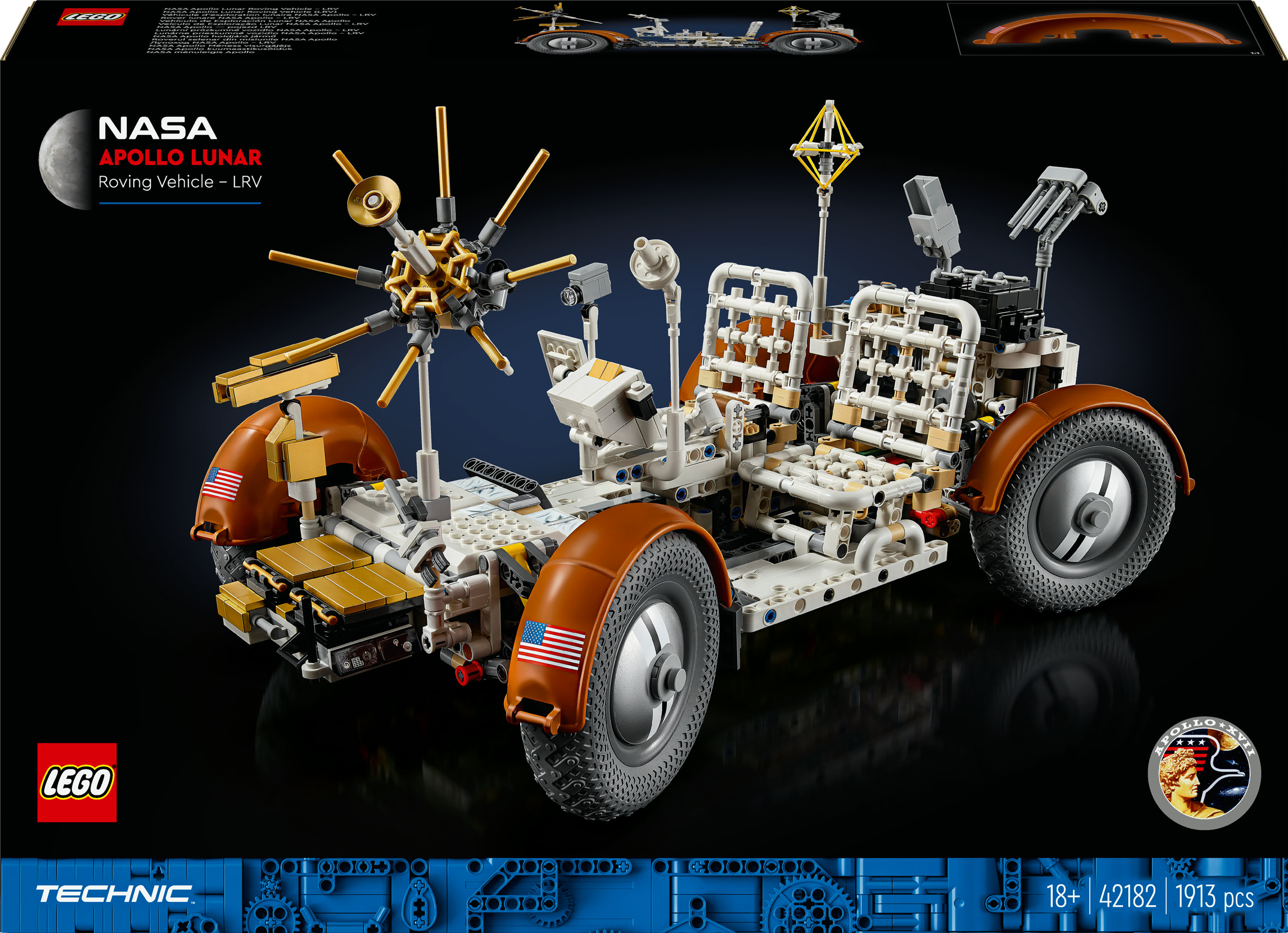 Model Lego Technic NASA Apollo Lunar Roving Vehicle na ciemnoniebieskim tle.