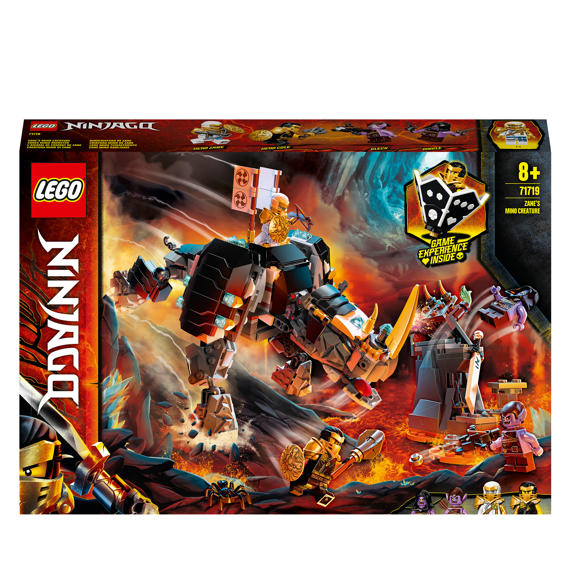 Lego Ninjago Box mit einer Kampfszene mit einem Nashorn-ähnlichen Wesen und Minifiguren.