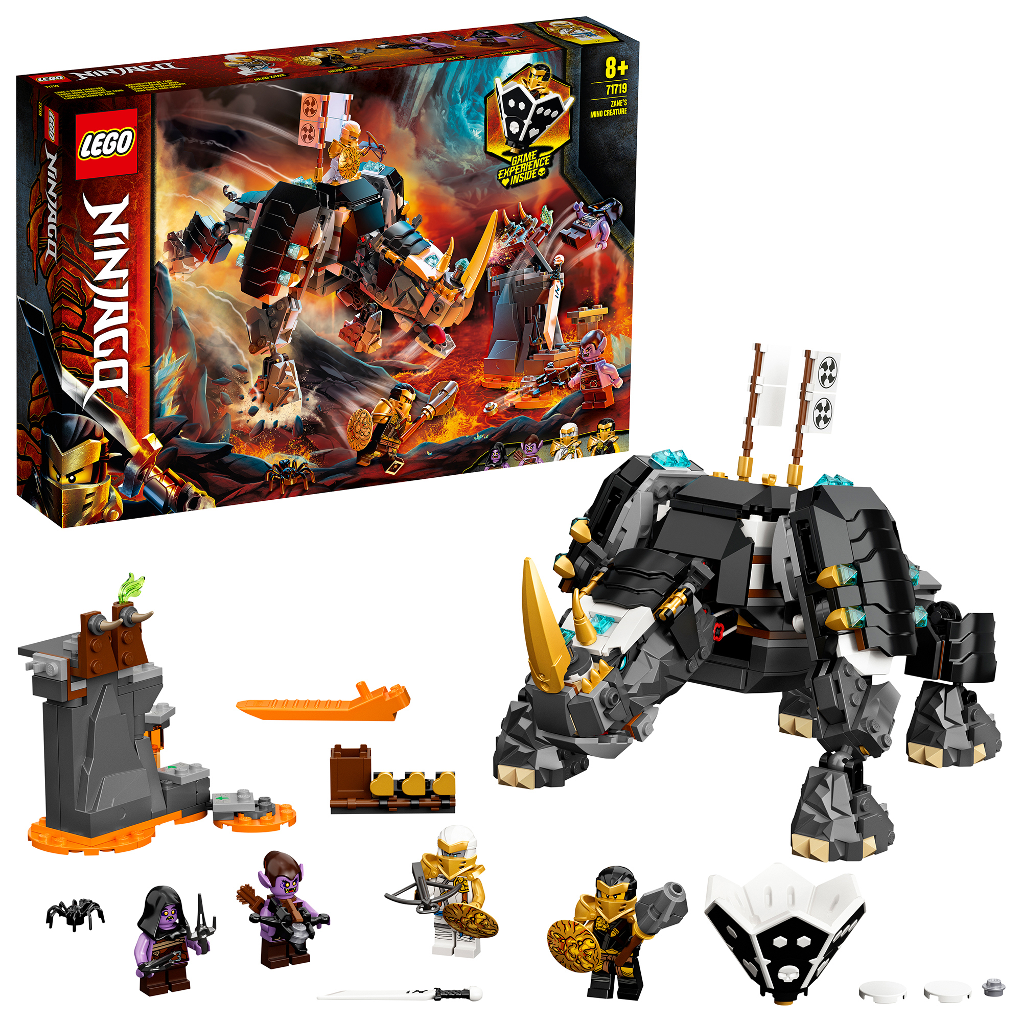LEGO Ninjago-Set mit einem großen schwarzen rhinoähnlichen Mech, Minifiguren und einer vulkanischen Umgebung.