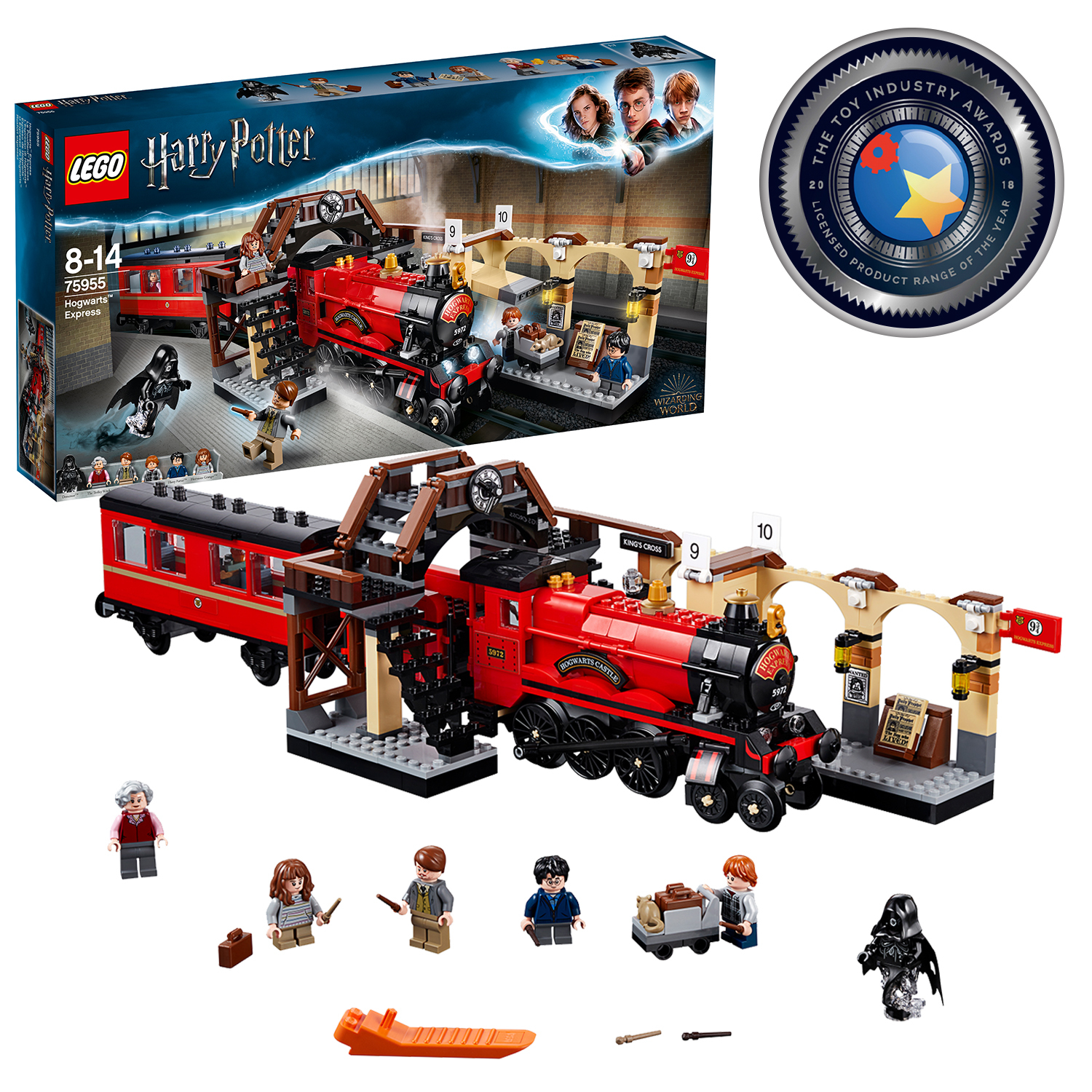 Zestaw LEGO Harry Potter Hogwarts Express z pociągiem, figurkami i elementami stacji.