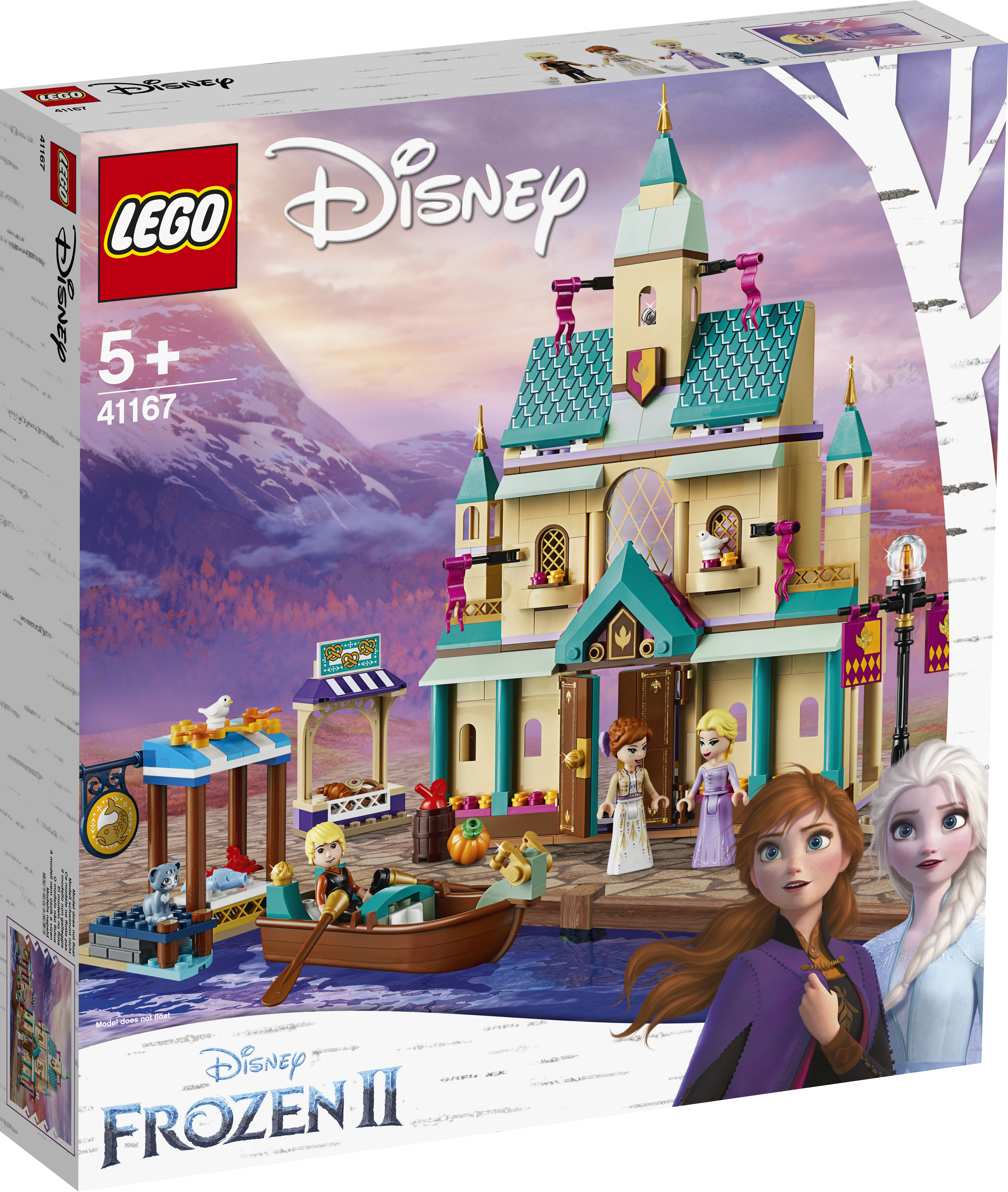 Scatola del set Lego Disney Frozen II, con un castello e i personaggi Anna, Elsa, Kristoff.