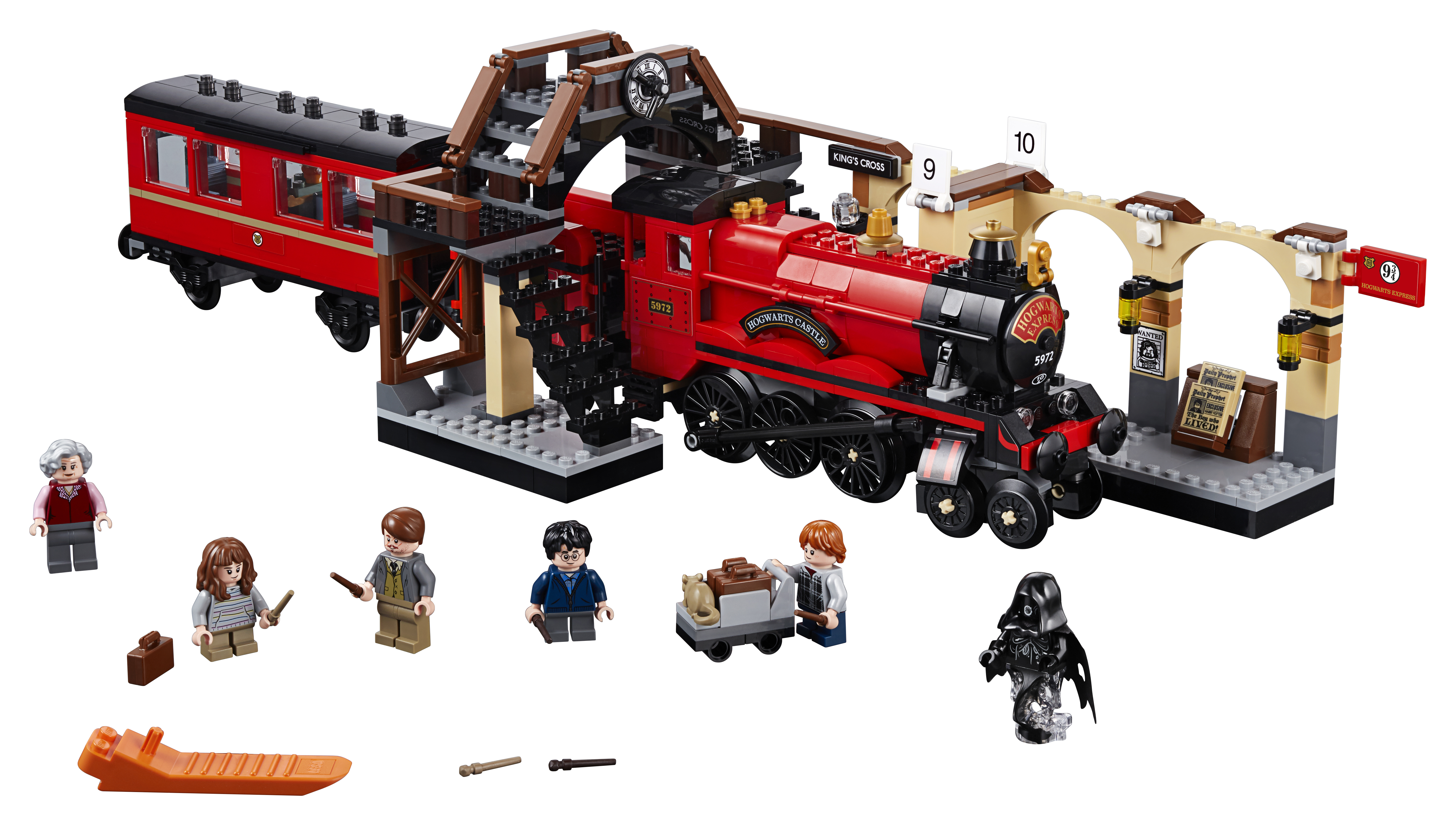 Zestaw LEGO pociągu Hogwart Express z kilkoma minifigurkami, w tym Harrym Potterem.