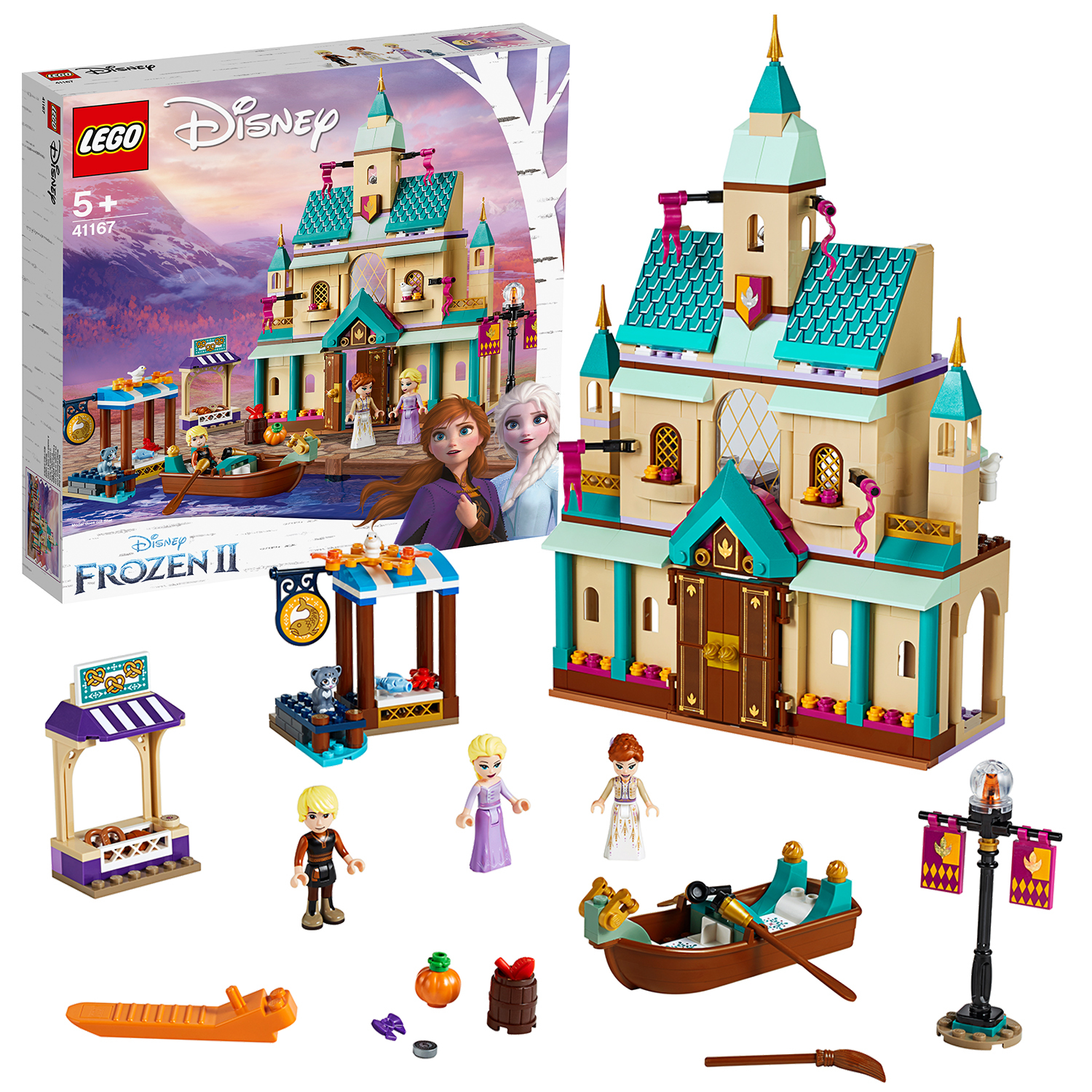 Set Lego Disney Frozen II. Il set include un castello, figurine e accessori. La scatola è a sinistra.
