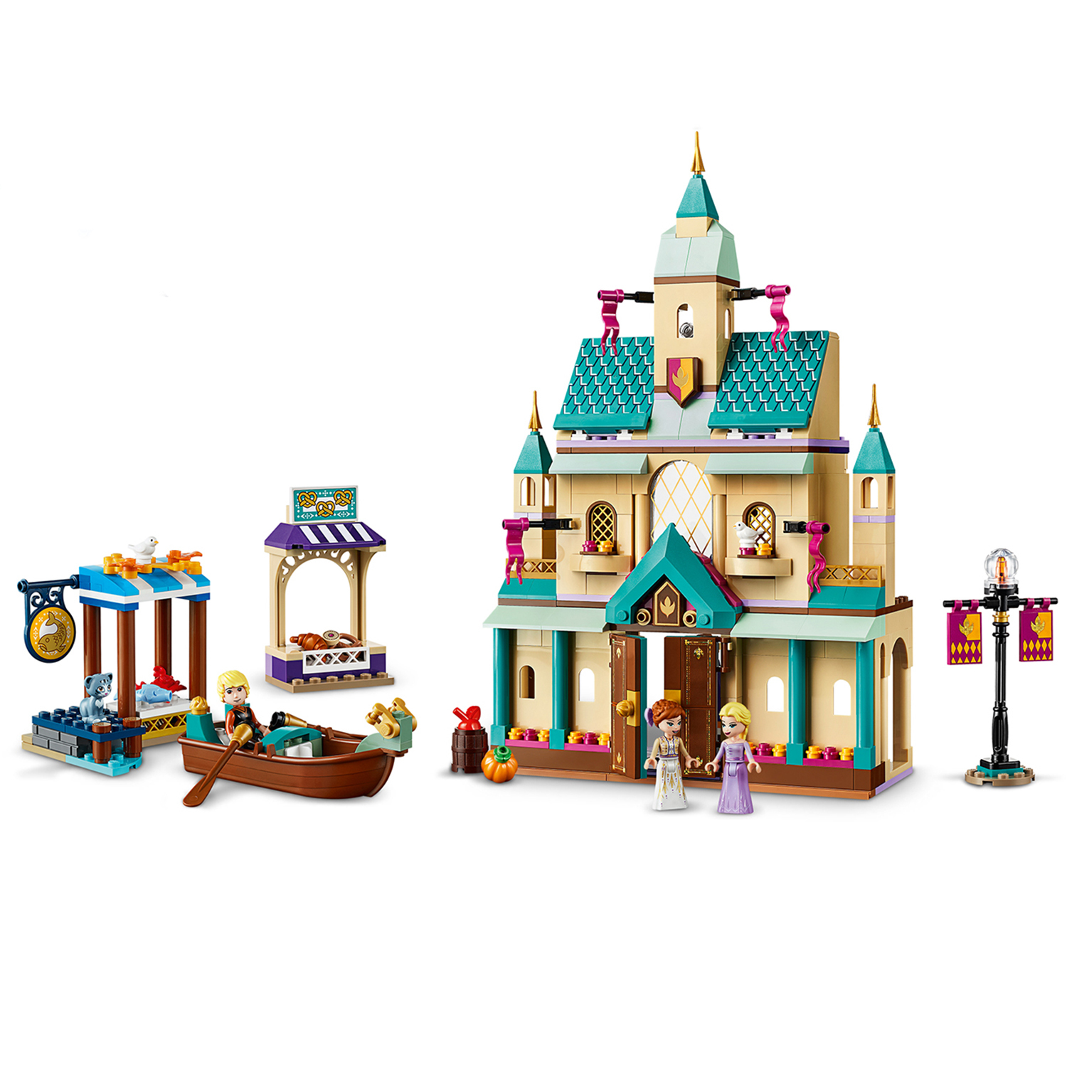Set castello LEGO Frozen con personaggi, barca e altri pezzi Lego.